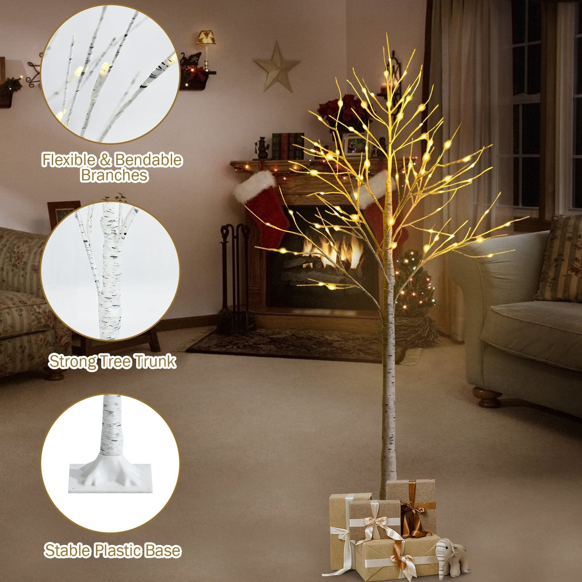 5 Feet Pre-lit White Twig Birch Tree with 72 LED Lights for Christmas-Christmas Trees-DECOROLALA