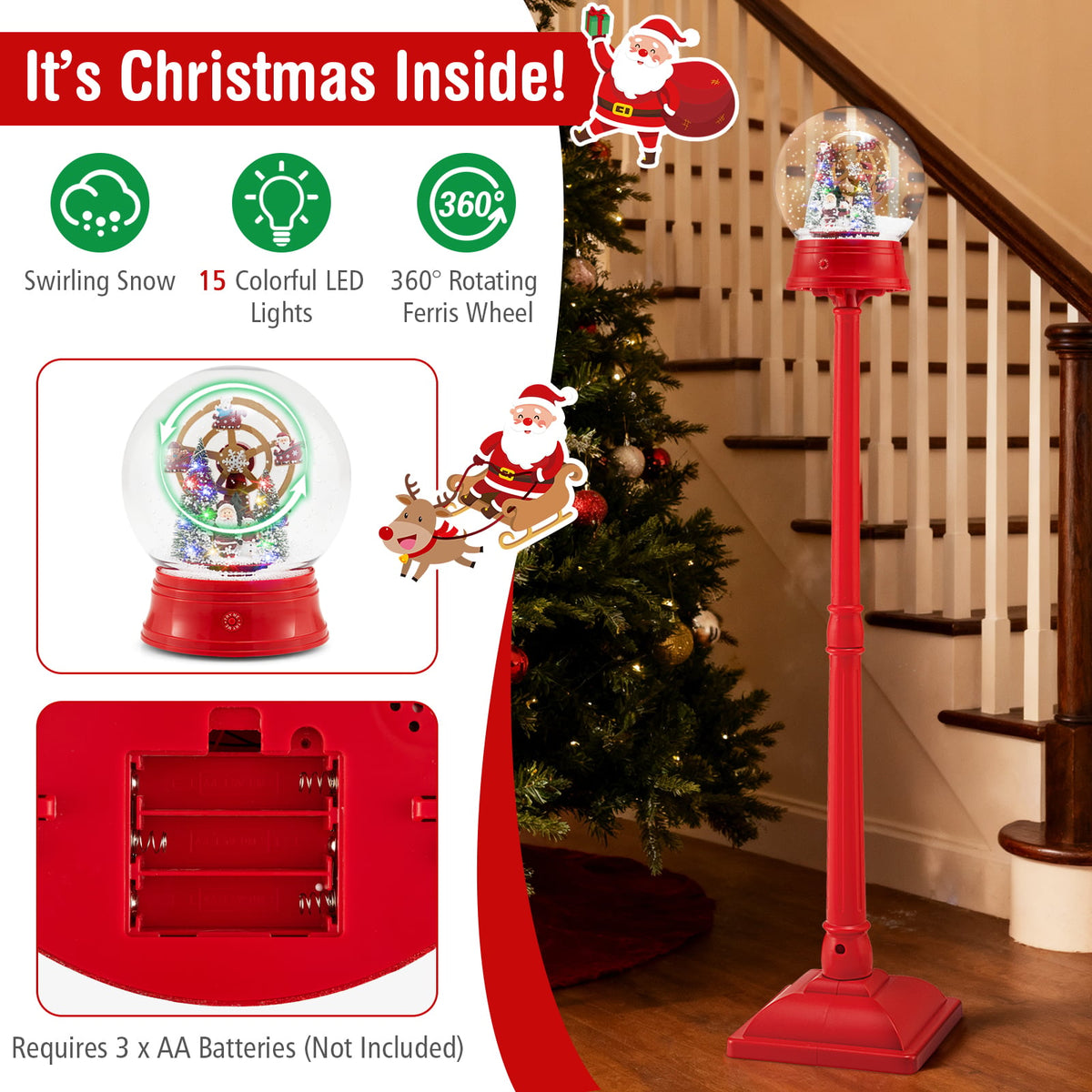 5 Ft Musical Christmas Street Lamp Snow Globe Lantern on Stand-Red-Christmas Decorations & Accessories-DECOROLALA