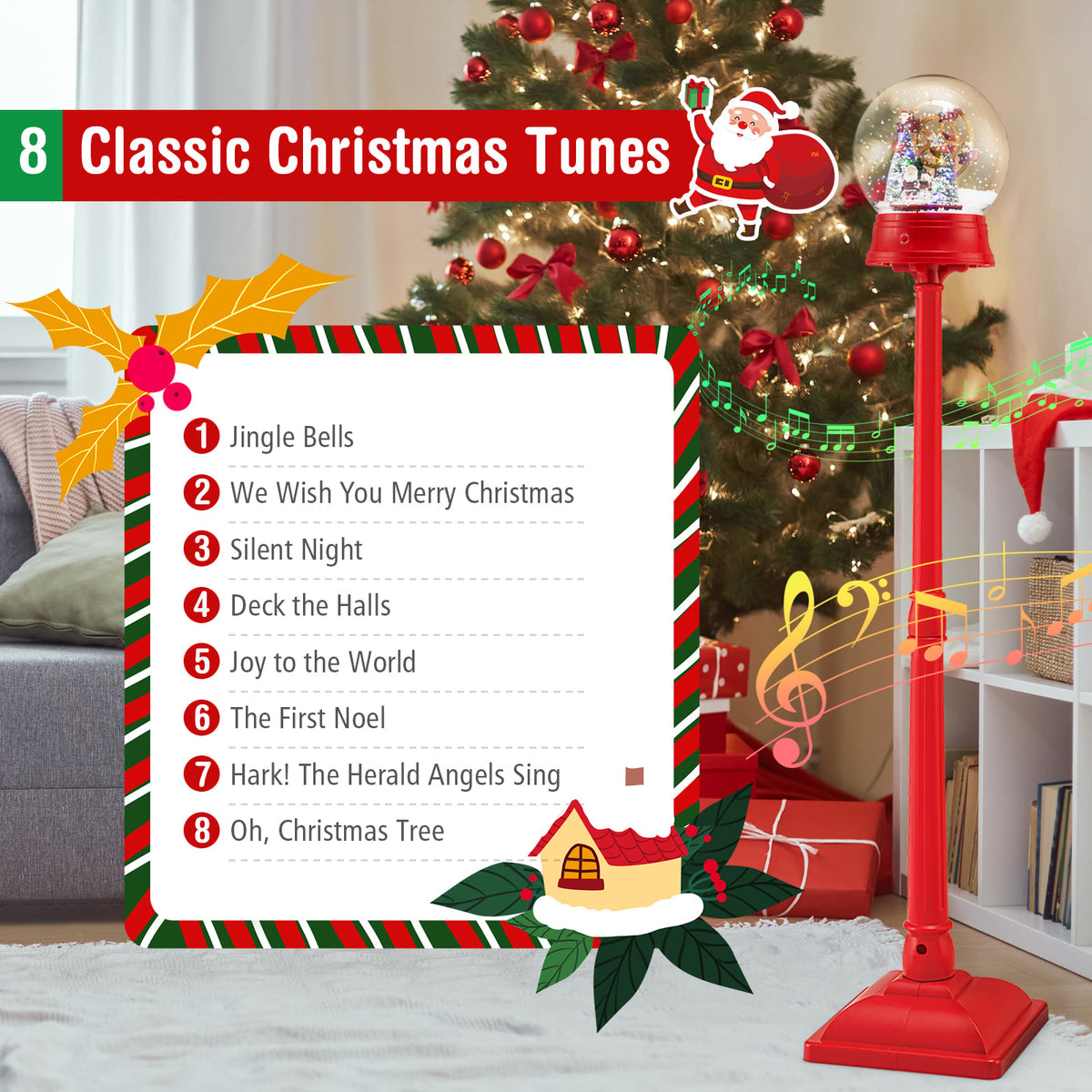 5 Ft Musical Christmas Street Lamp Snow Globe Lantern on Stand-Red-Christmas Decorations & Accessories-DECOROLALA