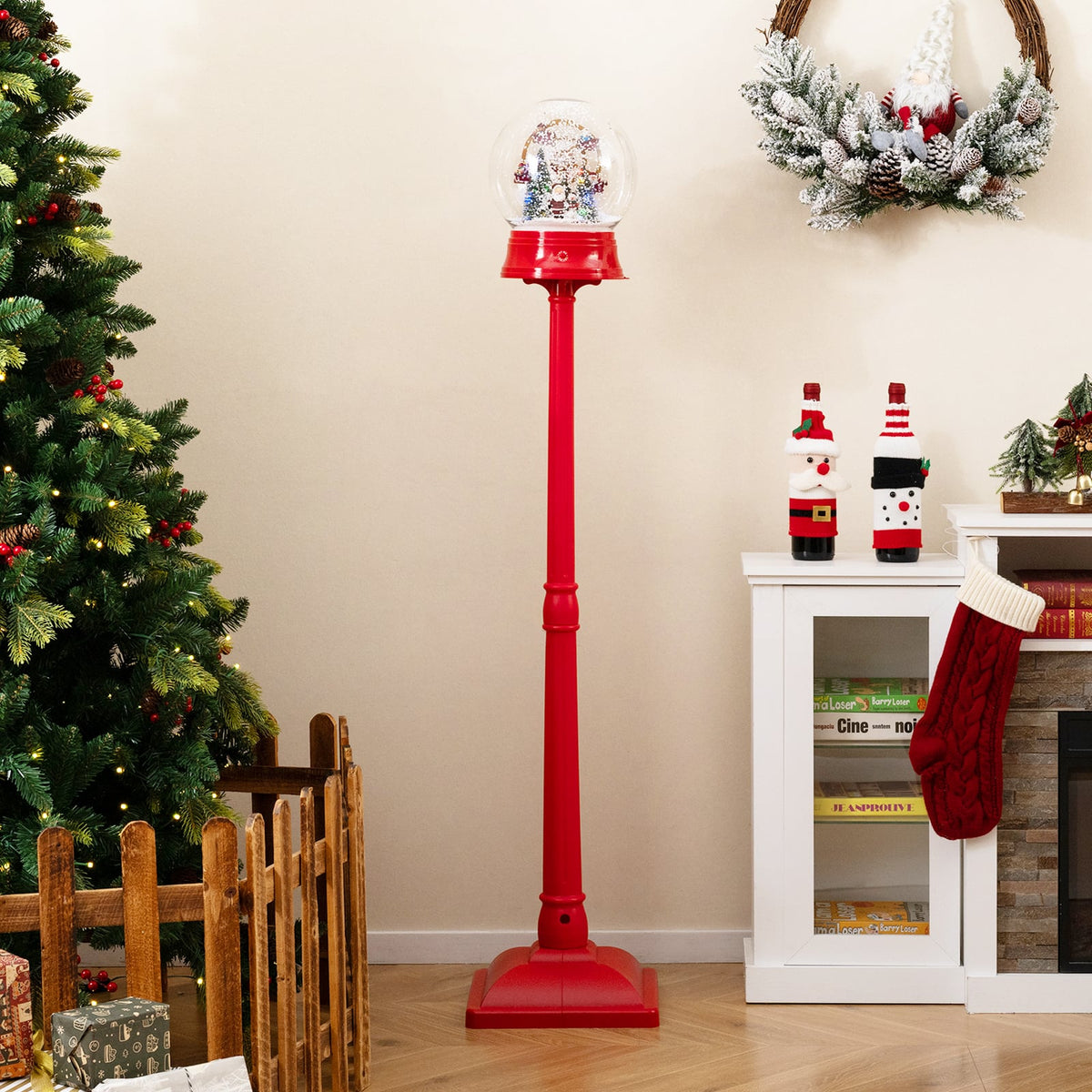 5 Ft Musical Christmas Street Lamp Snow Globe Lantern on Stand-Red-Christmas Decorations & Accessories-DECOROLALA