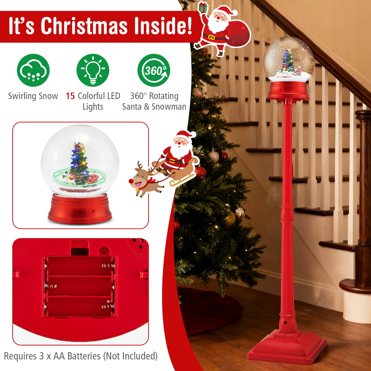 5 Ft Musical Christmas Street Lamp with 8 Tunes and Blowing Snow-Red-Christmas Decorations & Accessories-DECOROLALA