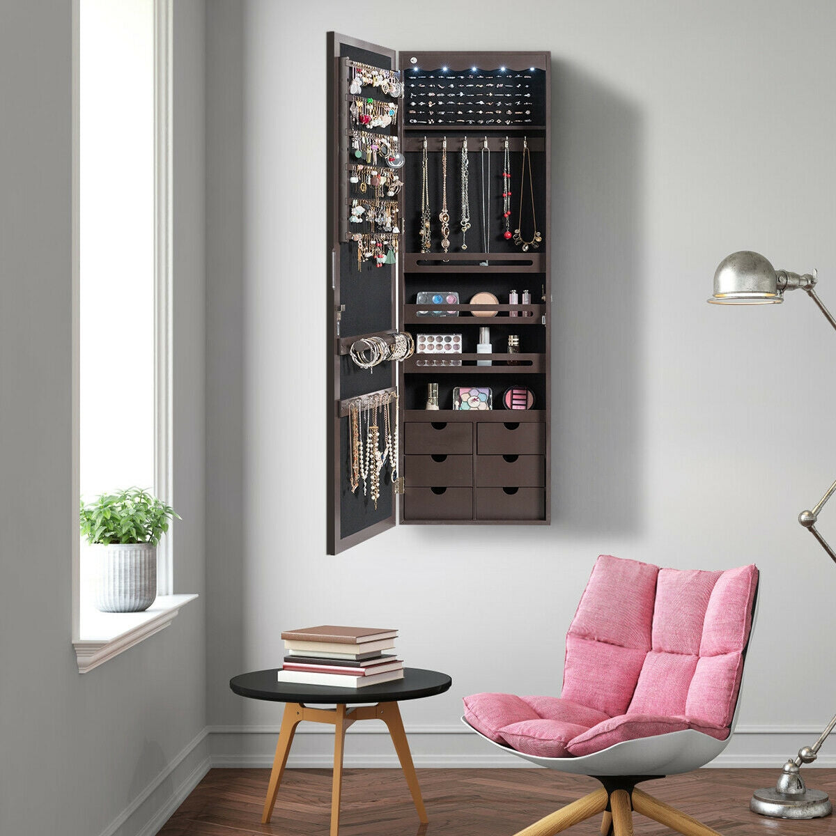 5 LEDs Lockable Mirror Jewelry Cabinet Armoire with 6 Drawers-Coffee-Jewelry Armoires-DECOROLALA