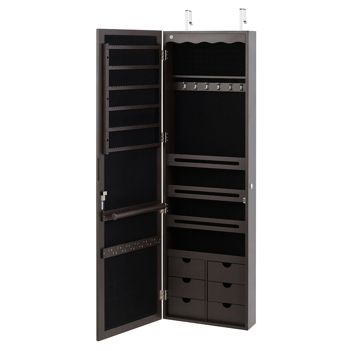 5 LEDs Lockable Mirror Jewelry Cabinet Armoire with 6 Drawers-Coffee-Jewelry Armoires-DECOROLALA