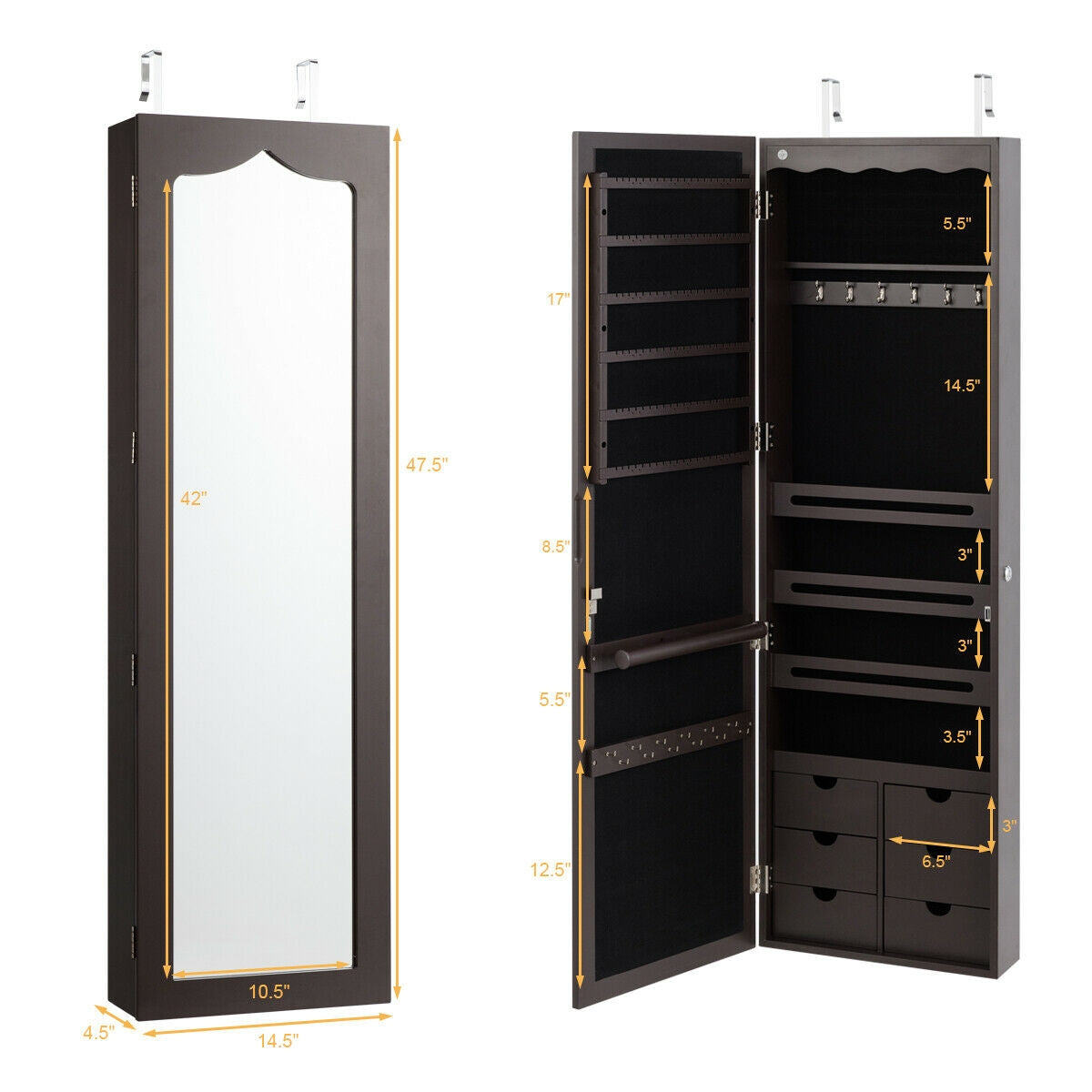 5 LEDs Lockable Mirror Jewelry Cabinet Armoire with 6 Drawers-Coffee-Jewelry Armoires-DECOROLALA