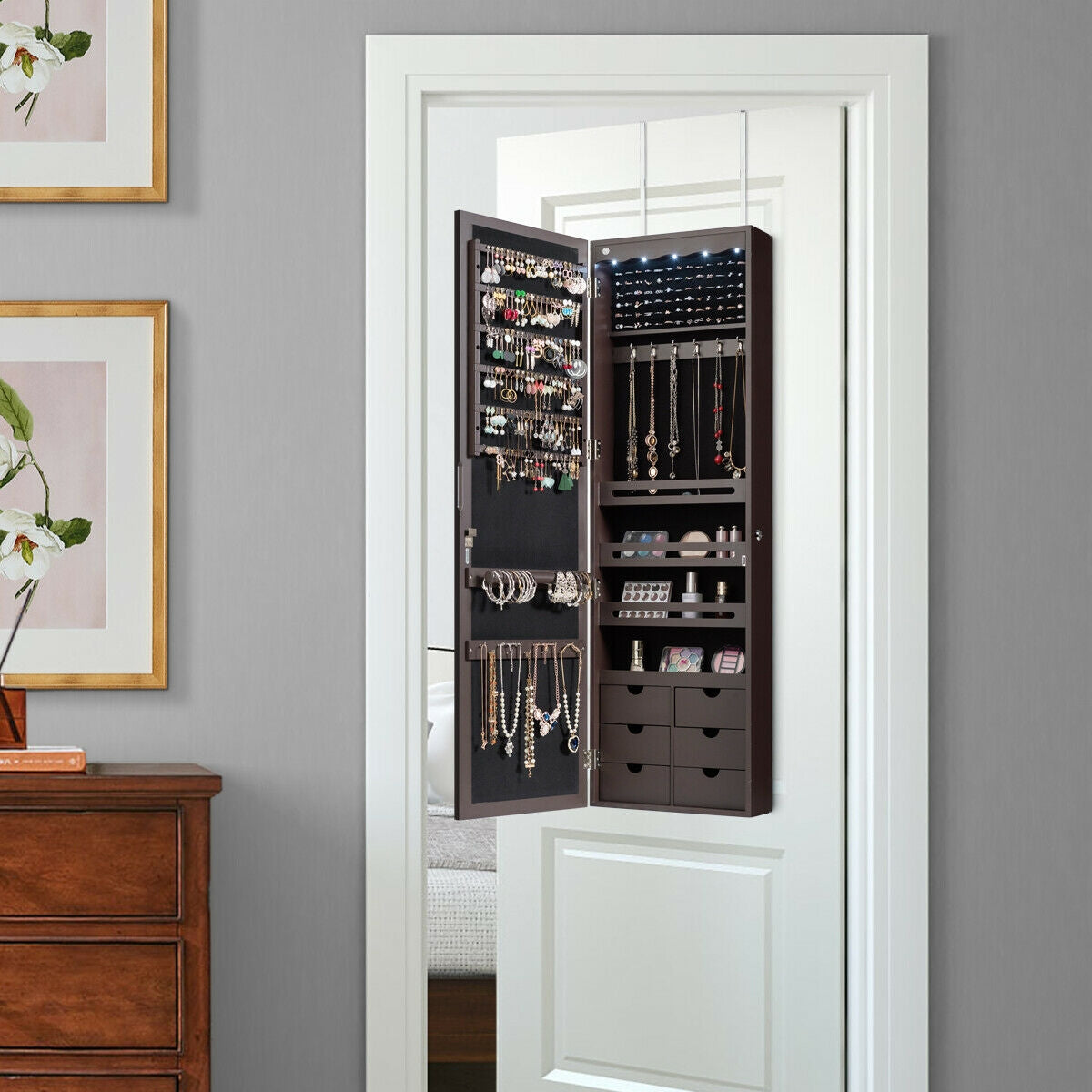 5 LEDs Lockable Mirror Jewelry Cabinet Armoire with 6 Drawers-Coffee-Jewelry Armoires-DECOROLALA