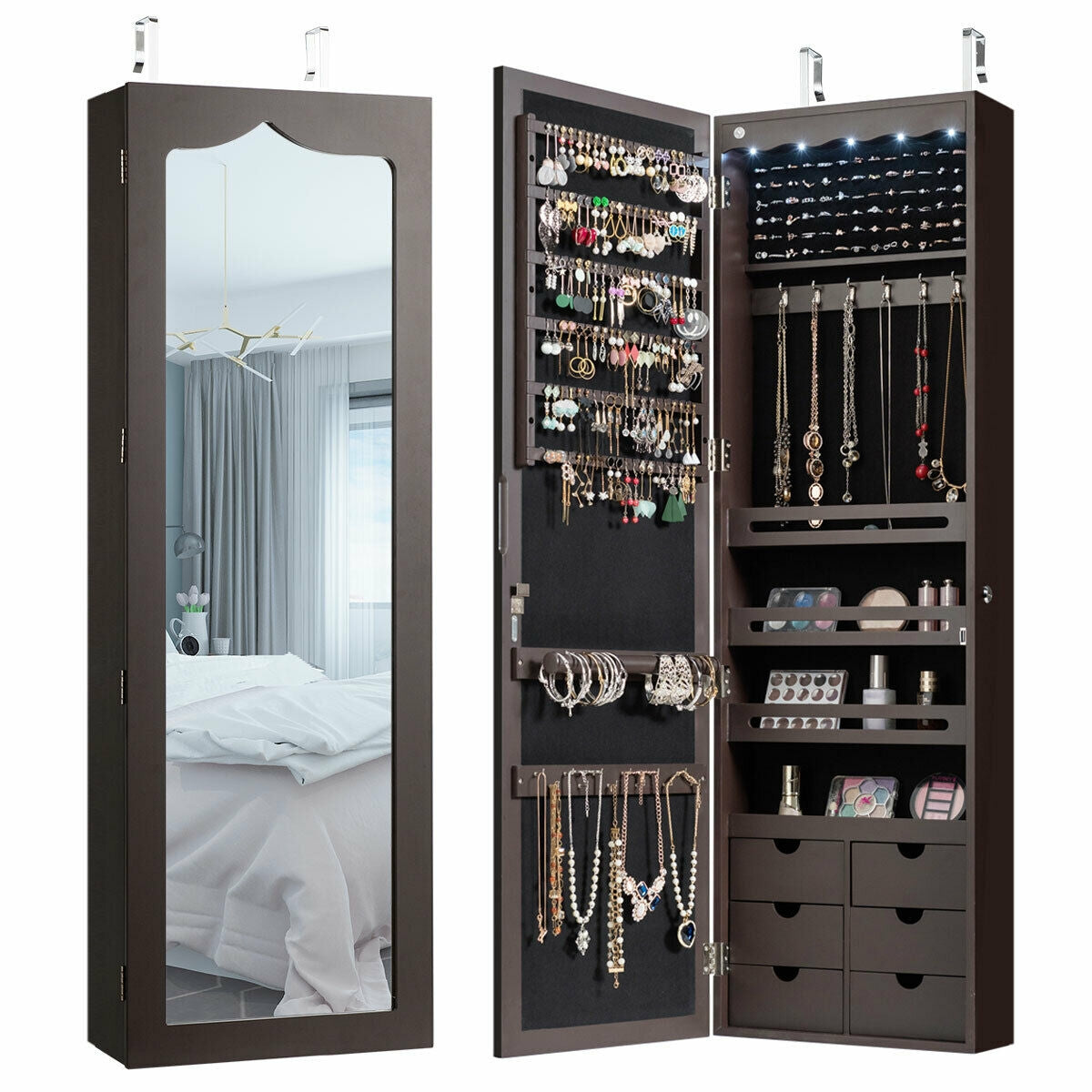 5 LEDs Lockable Mirror Jewelry Cabinet Armoire with 6 Drawers-Coffee-Jewelry Armoires-DECOROLALA