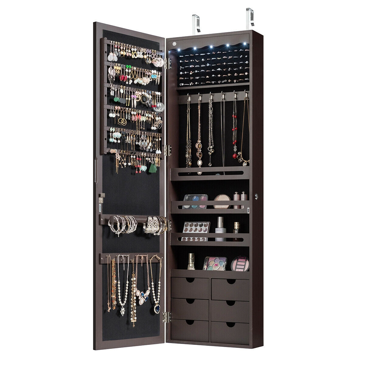 5 LEDs Lockable Mirror Jewelry Cabinet Armoire with 6 Drawers-Coffee-Jewelry Armoires-DECOROLALA