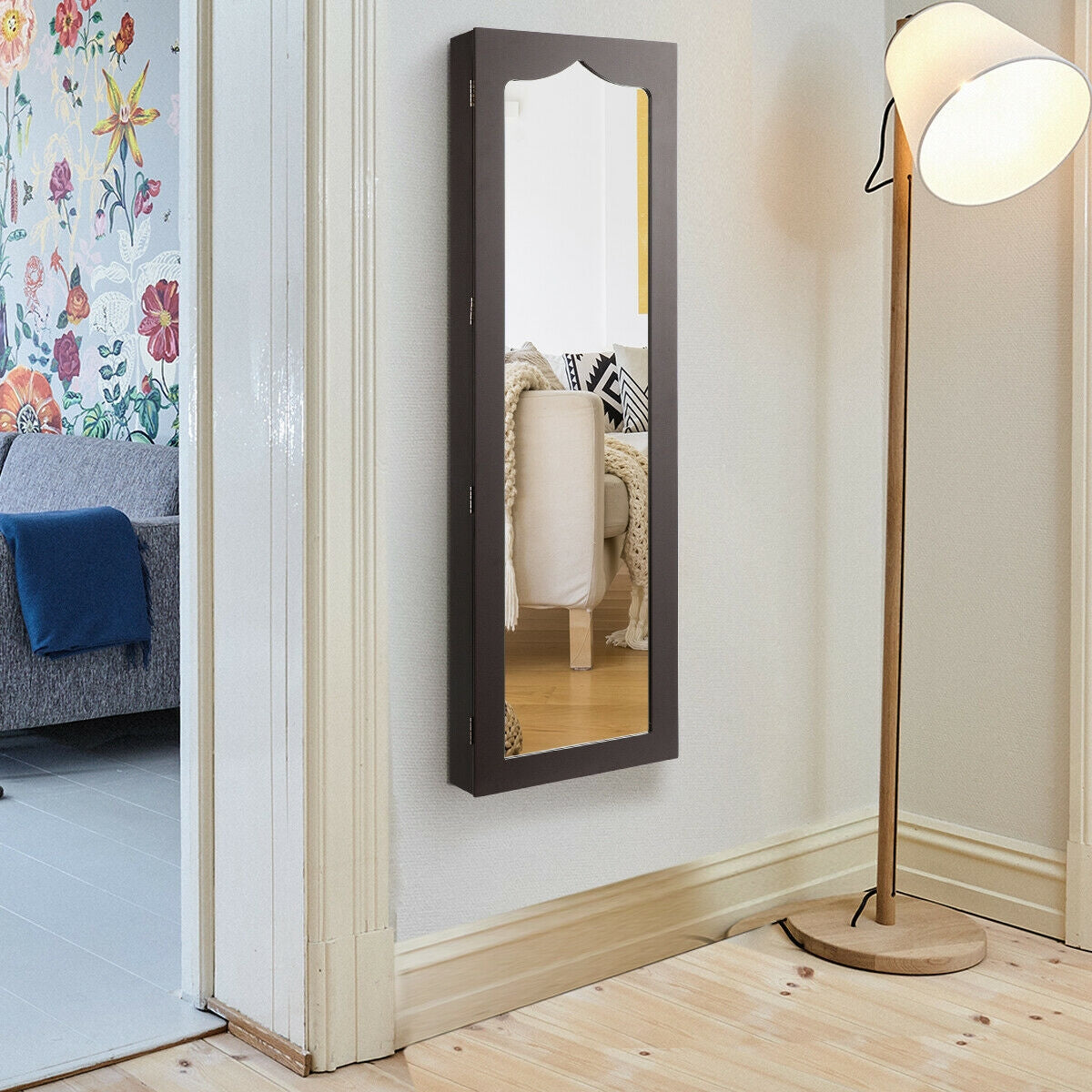 5 LEDs Lockable Mirror Jewelry Cabinet Armoire with 6 Drawers-Coffee-Jewelry Armoires-DECOROLALA