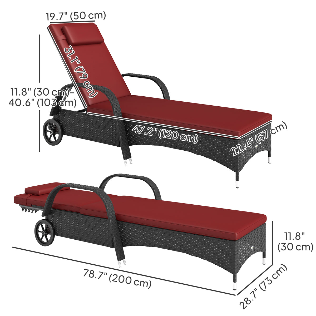 5-Level Lounger, Adjustable Red Chair with Wheels, Deep Coffee, Wine Red-Outdoor Chaise Lounges-DECOROLALA