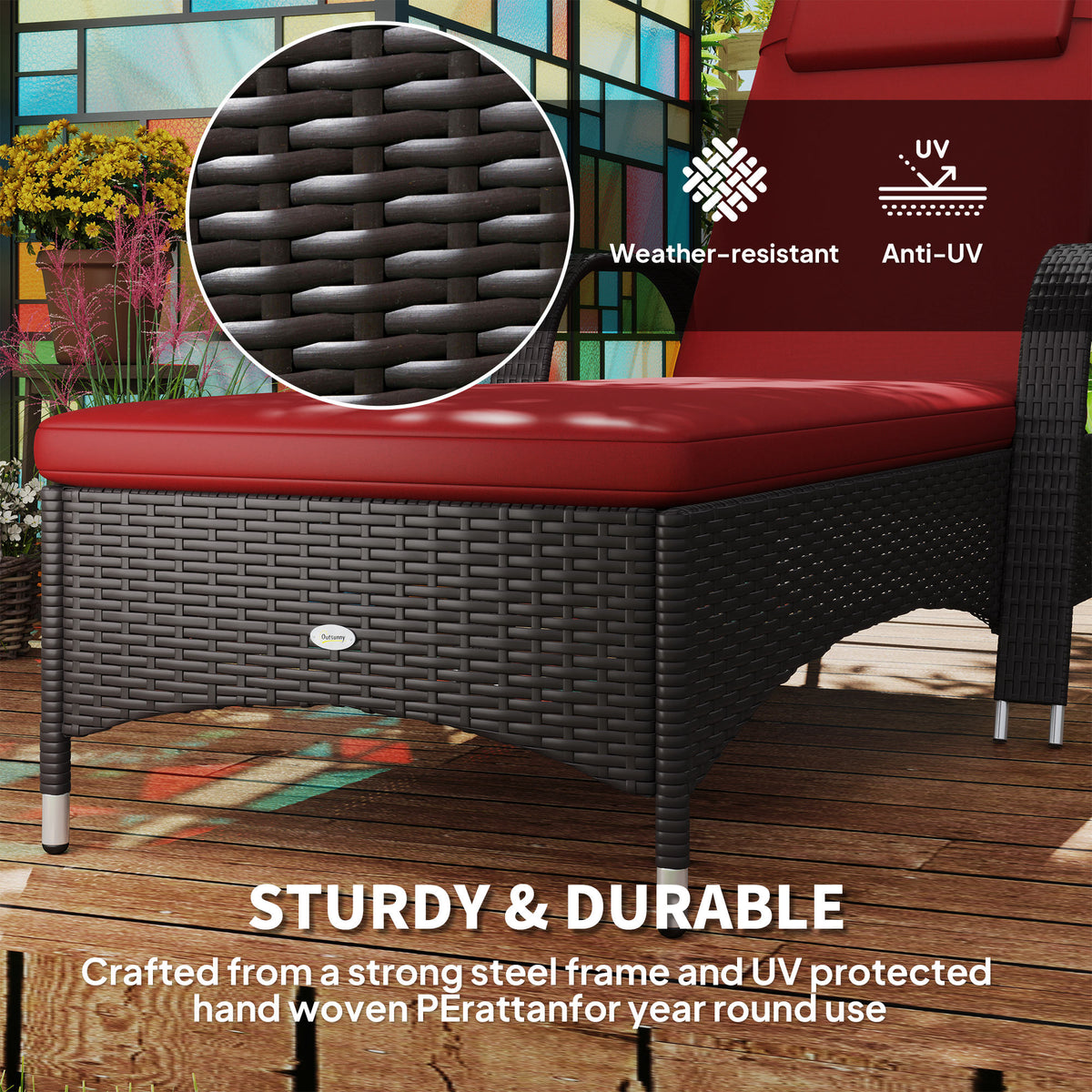 5-Level Lounger, Adjustable Red Chair with Wheels, Deep Coffee, Wine Red-Outdoor Chaise Lounges-DECOROLALA