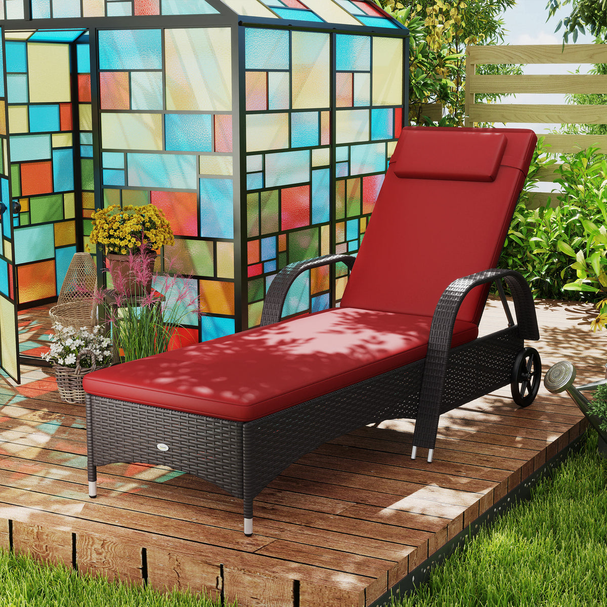 5-Level Lounger, Adjustable Red Chair with Wheels, Deep Coffee, Wine Red-Outdoor Chaise Lounges-DECOROLALA