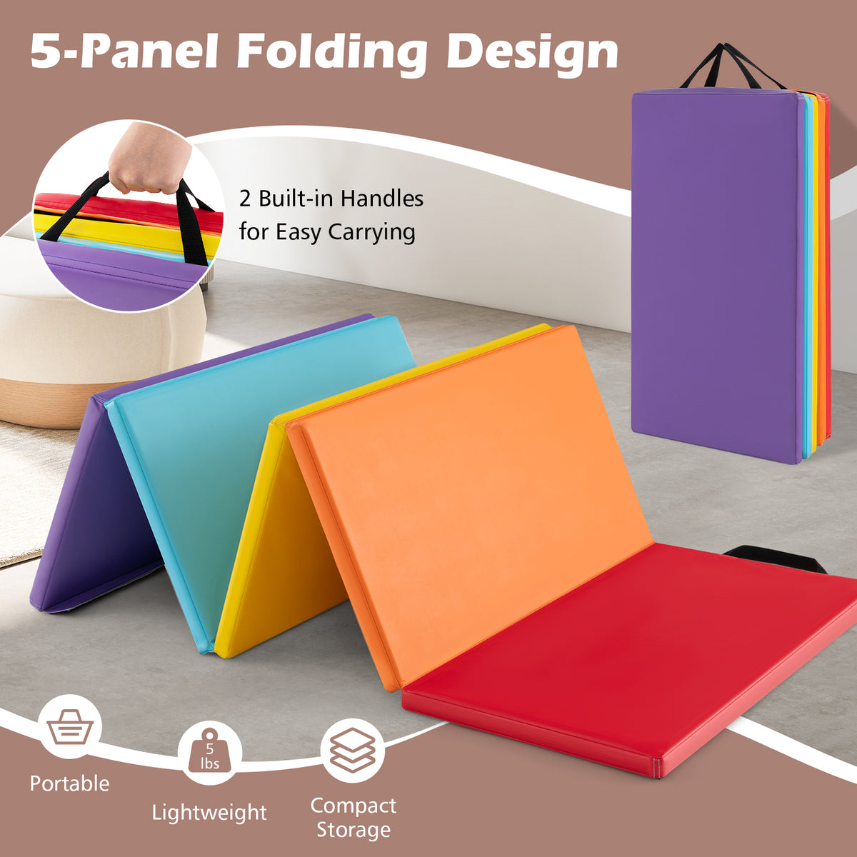 5-Panel Folding Gymnastics Mat for Kids-Red-Yoga & Gym Mats-DECOROLALA