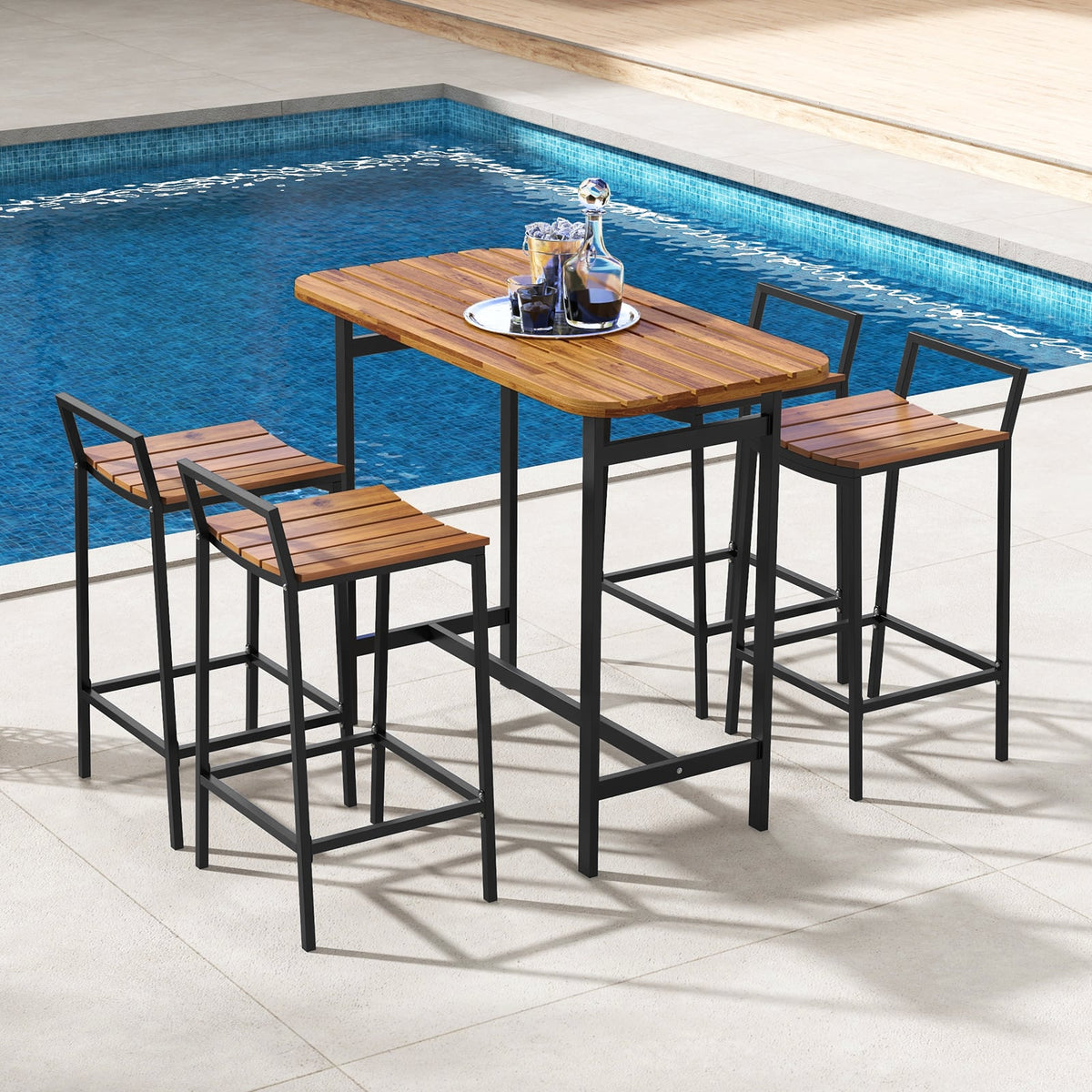5 Piece Acacia Wood Bar Table Set Bar Height Table and Chairs with Metal Frame and Footrest-Outdoor Bar Furniture-DECOROLALA