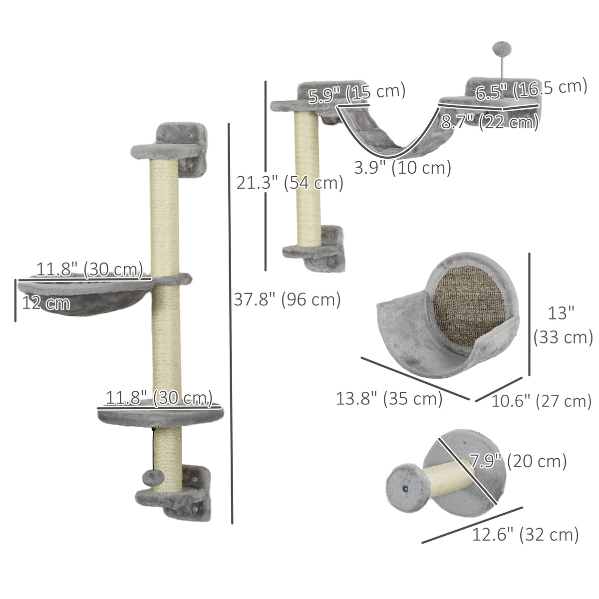 5-Piece Cat Wall Shelves with Hammock and Scratching Post - Light Grey-Cats-DECOROLALA