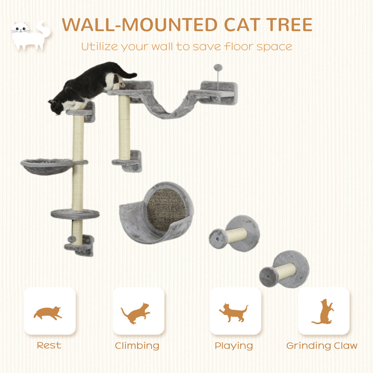 5-Piece Cat Wall Shelves with Hammock and Scratching Post - Light Grey-Cats-DECOROLALA