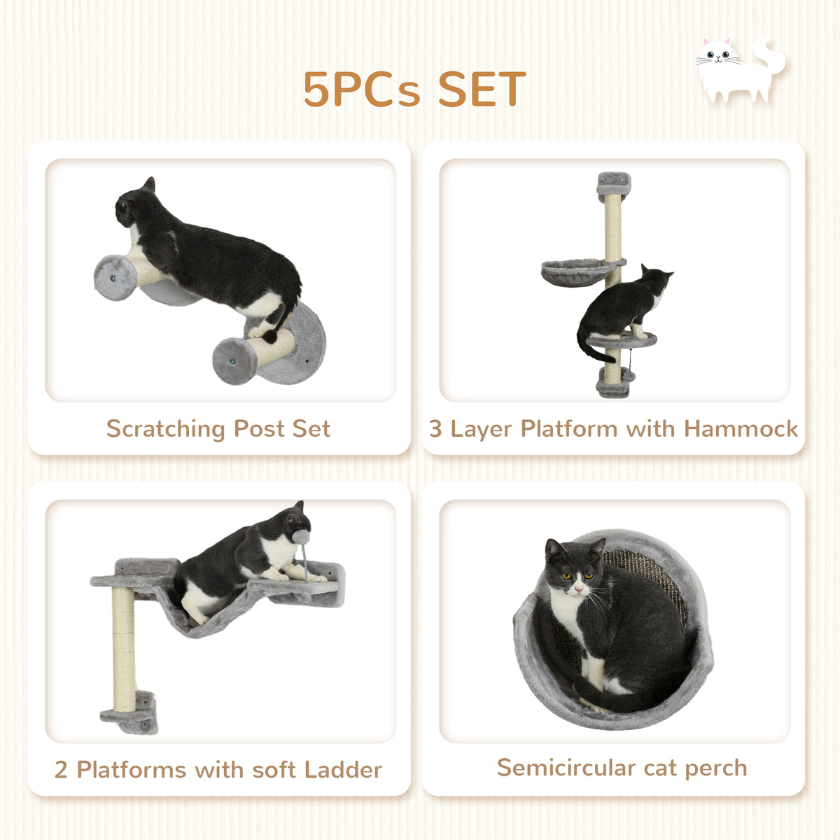 5-Piece Cat Wall Shelves with Hammock and Scratching Post - Light Grey-Cats-DECOROLALA