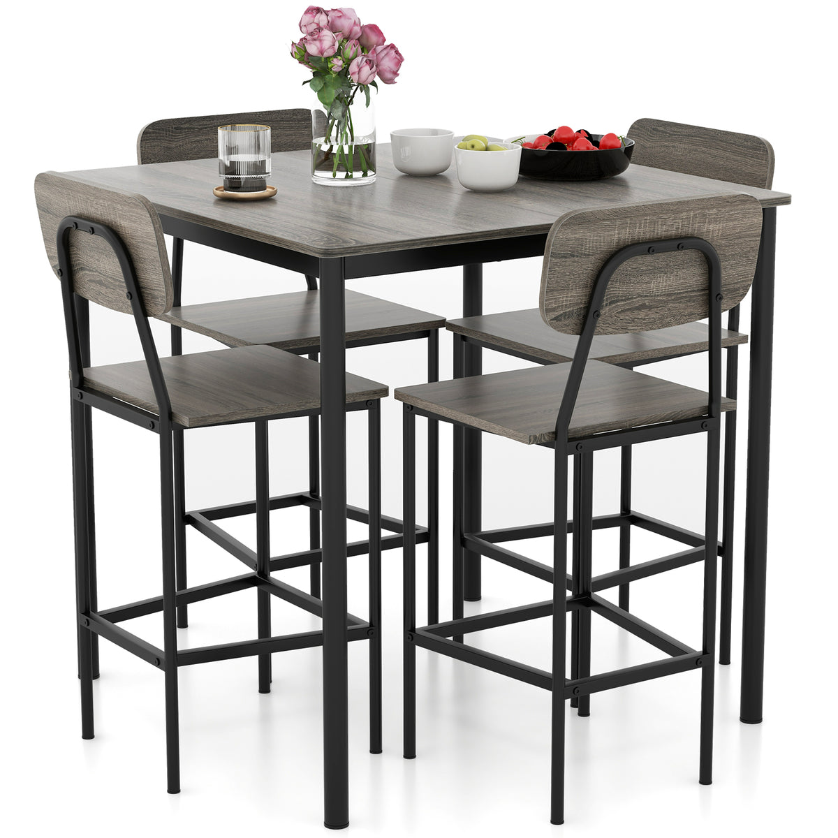 5-Piece Counter-Height Dining Bar Table Set with 4 Bar Chairs-Gray-Dining Room Sets-DECOROLALA