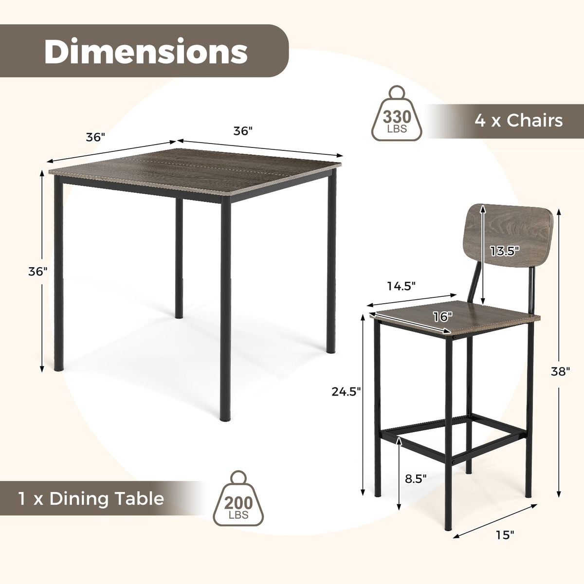 5-Piece Counter-Height Dining Bar Table Set with 4 Bar Chairs-Gray-Dining Room Sets-DECOROLALA