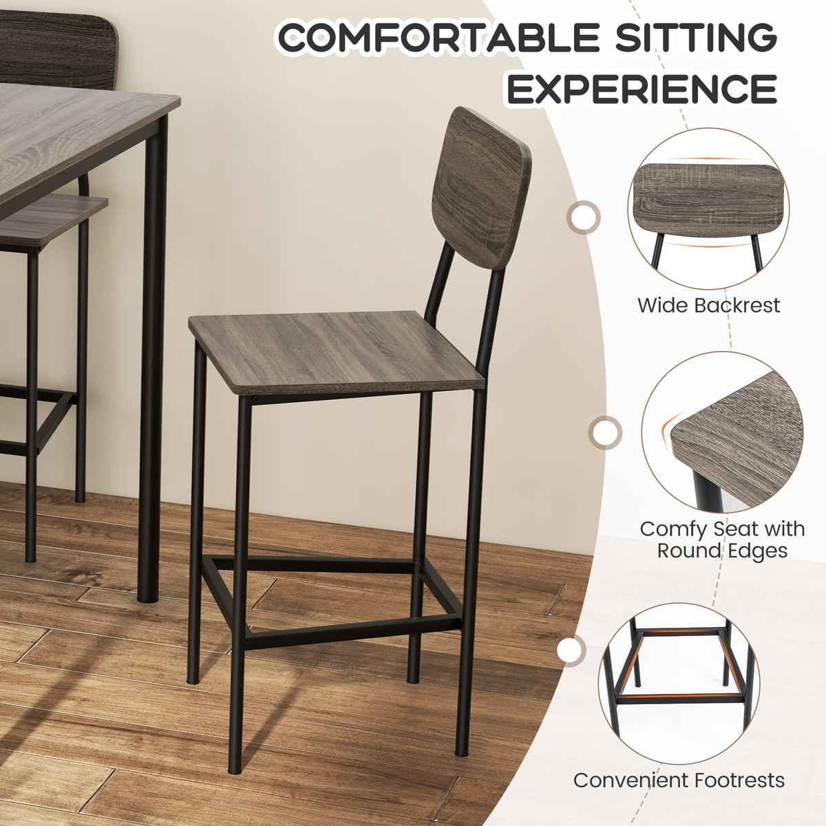 5-Piece Counter-Height Dining Bar Table Set with 4 Bar Chairs-Gray-Dining Room Sets-DECOROLALA