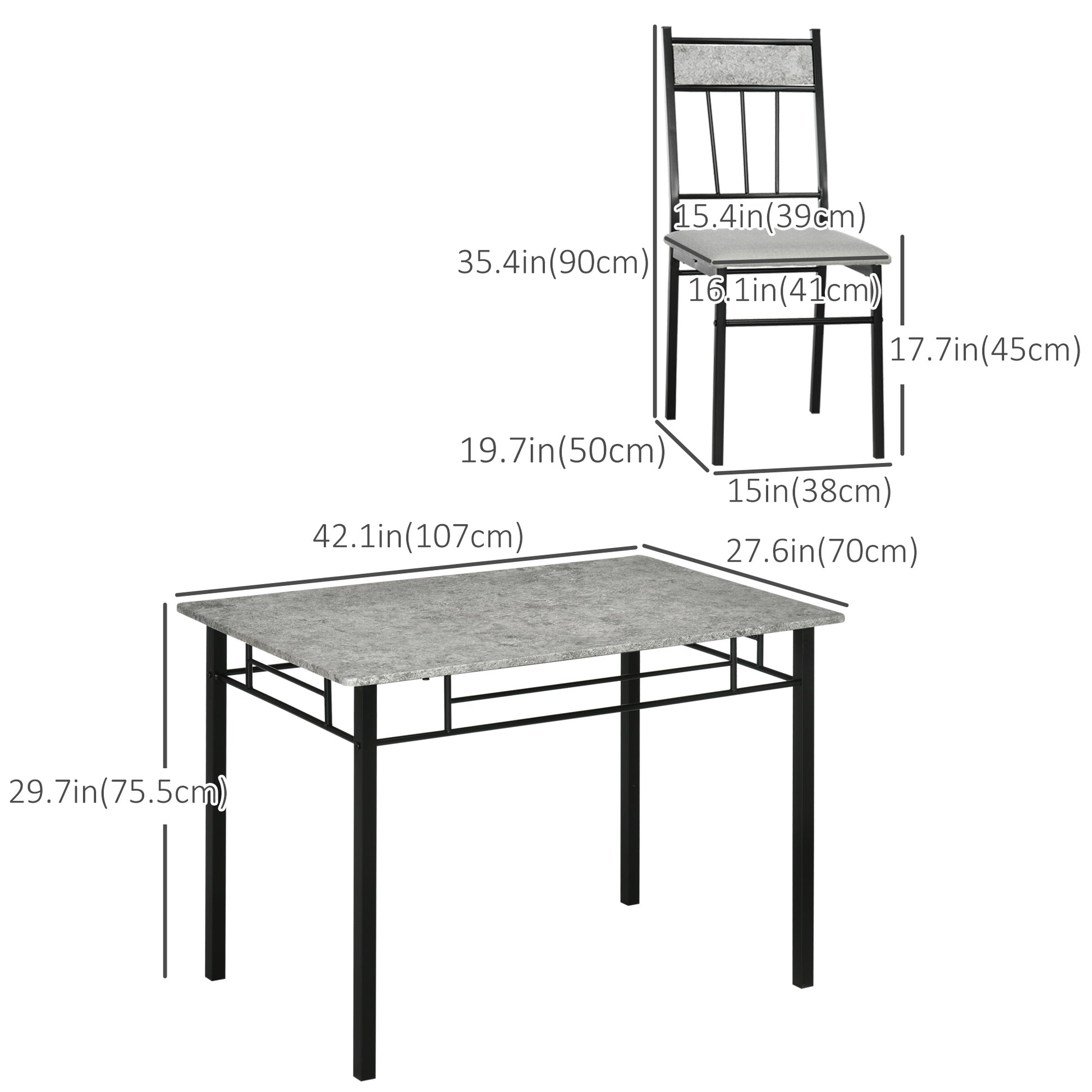 5-Piece Dining Room Set Grey - Marble Effect Table & Padded Chairs Metal Frame-DECOROLALA