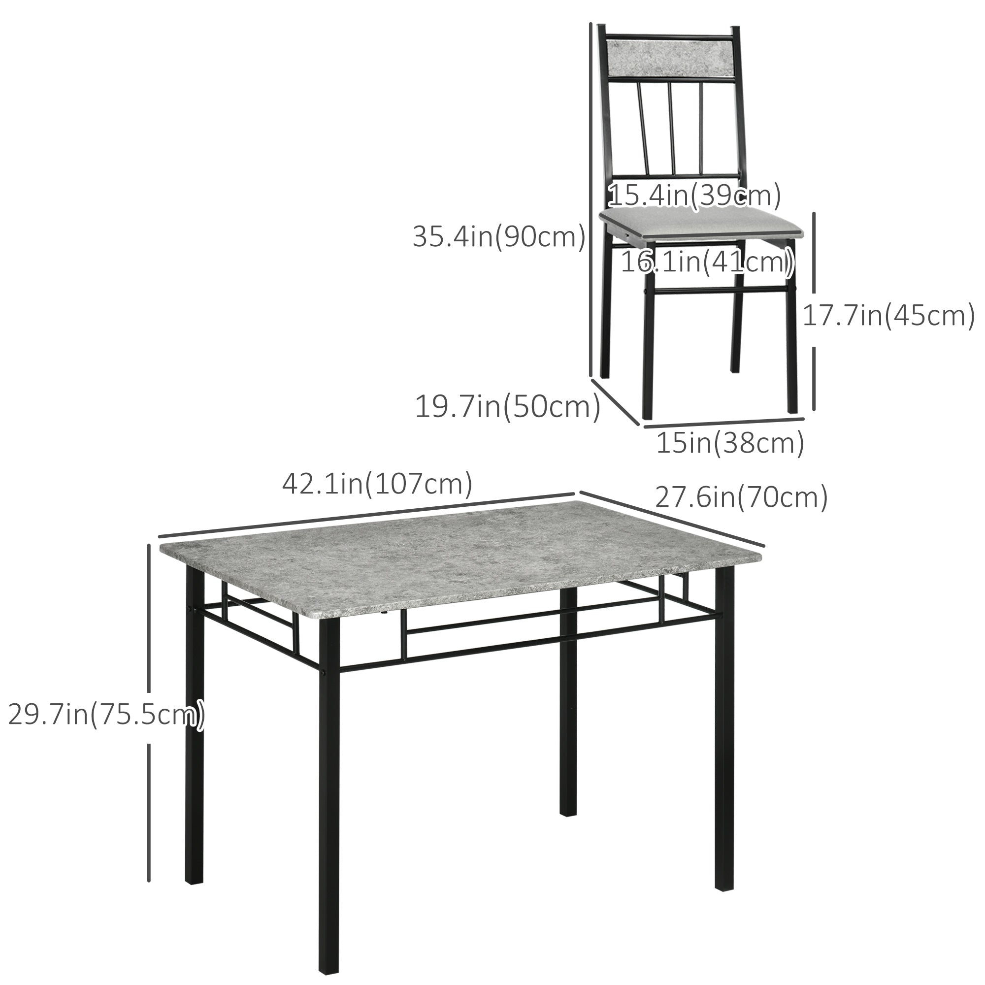 5-Piece Dining Room Set Grey - Marble Effect Table & Padded Chairs Metal Frame-DECOROLALA