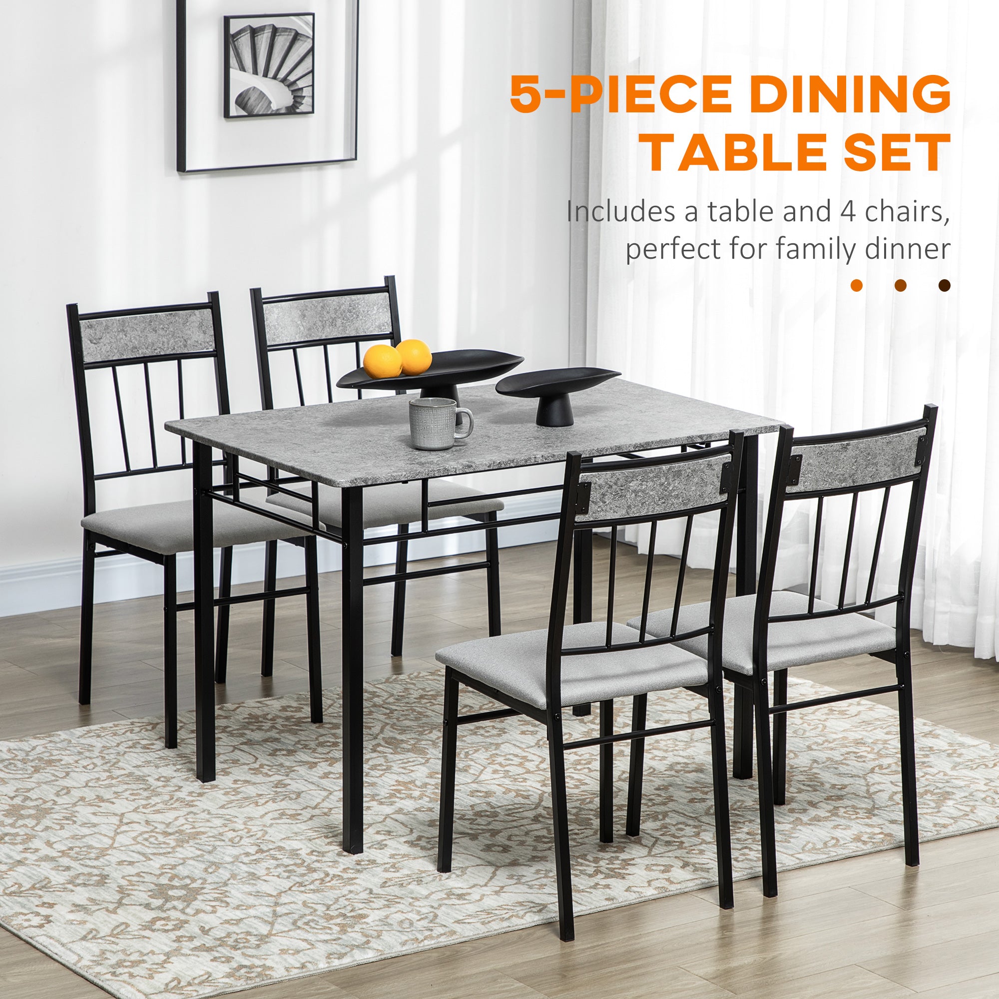 5-Piece Dining Room Set Grey - Marble Effect Table & Padded Chairs Metal Frame-DECOROLALA
