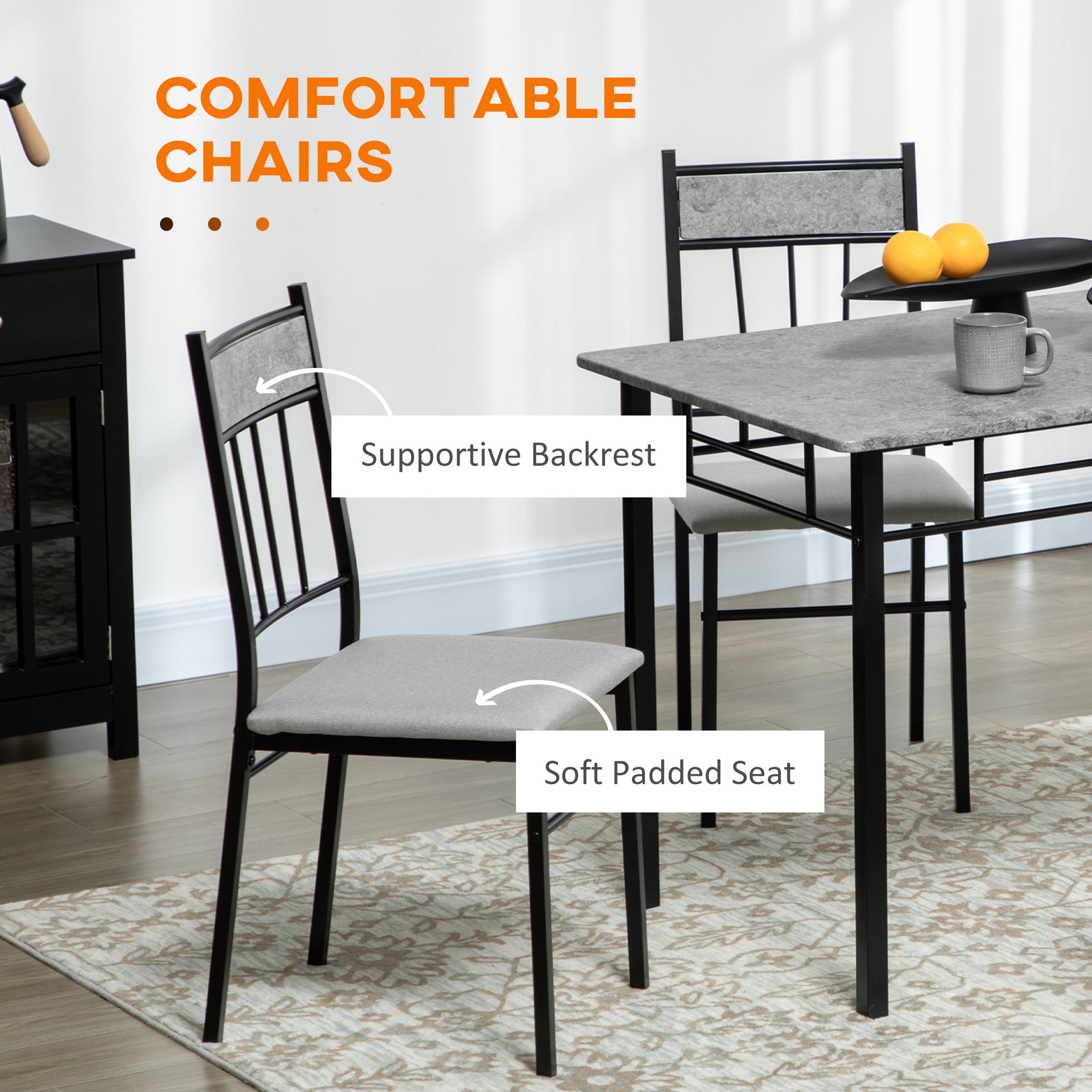 5-Piece Dining Room Set Grey - Marble Effect Table & Padded Chairs Metal Frame-DECOROLALA