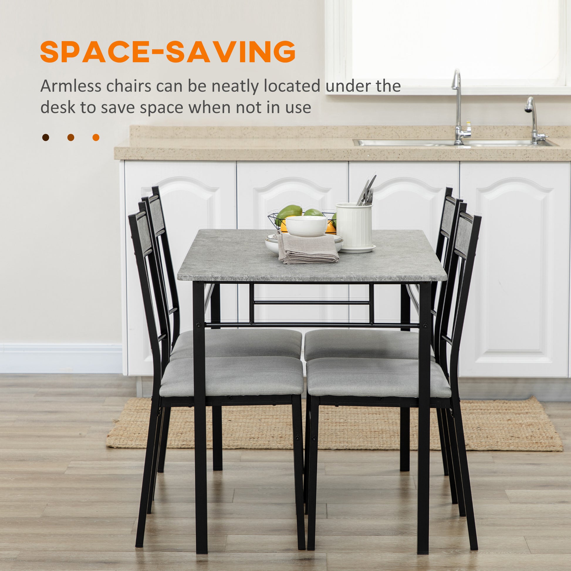 5-Piece Dining Room Set Grey - Marble Effect Table & Padded Chairs Metal Frame-DECOROLALA