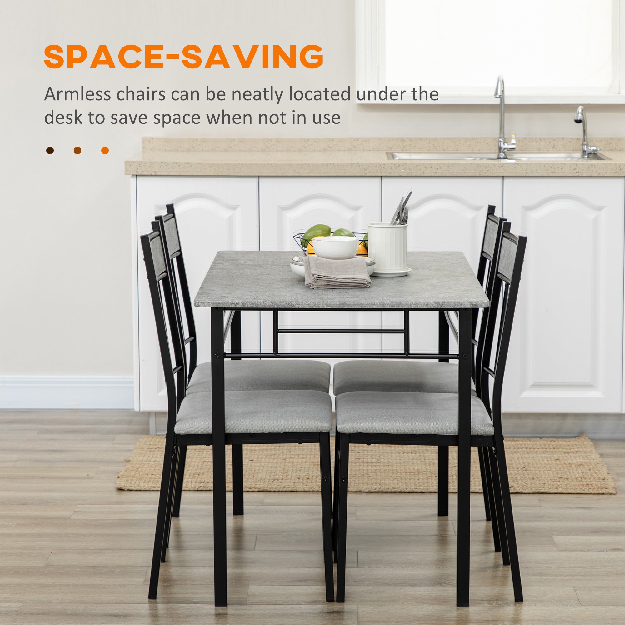 5-Piece Dining Room Set Grey - Marble Effect Table & Padded Chairs Metal Frame-DECOROLALA