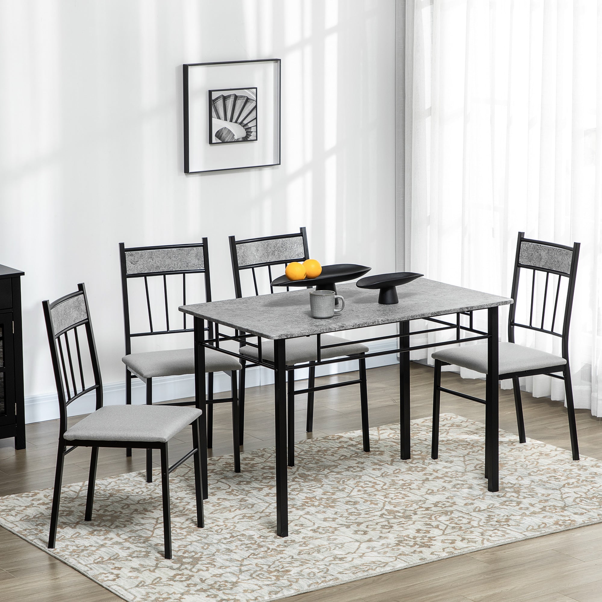 5-Piece Dining Room Set Grey - Marble Effect Table & Padded Chairs Metal Frame-DECOROLALA