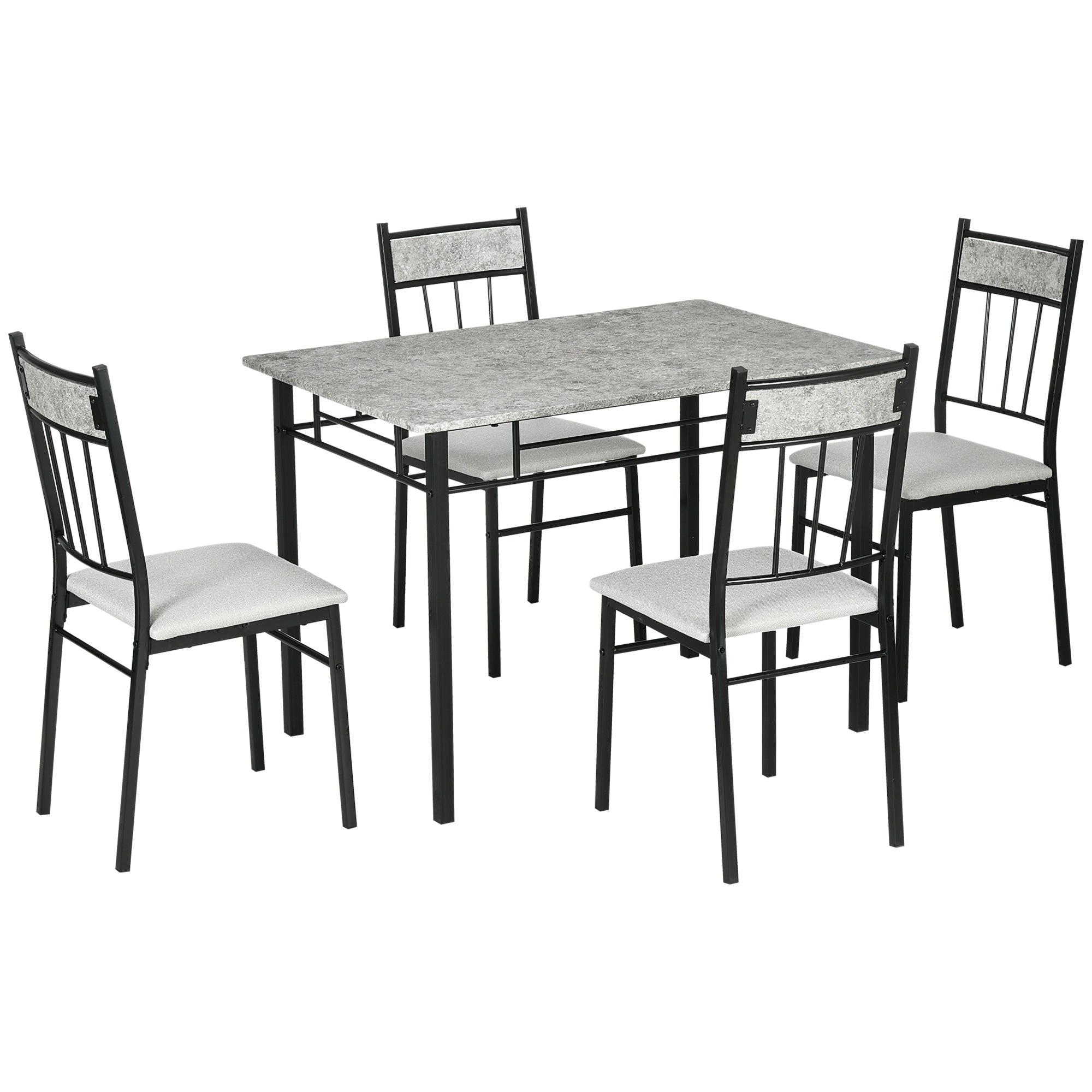 5-Piece Dining Room Set Grey - Marble Effect Table & Padded Chairs Metal Frame-DECOROLALA