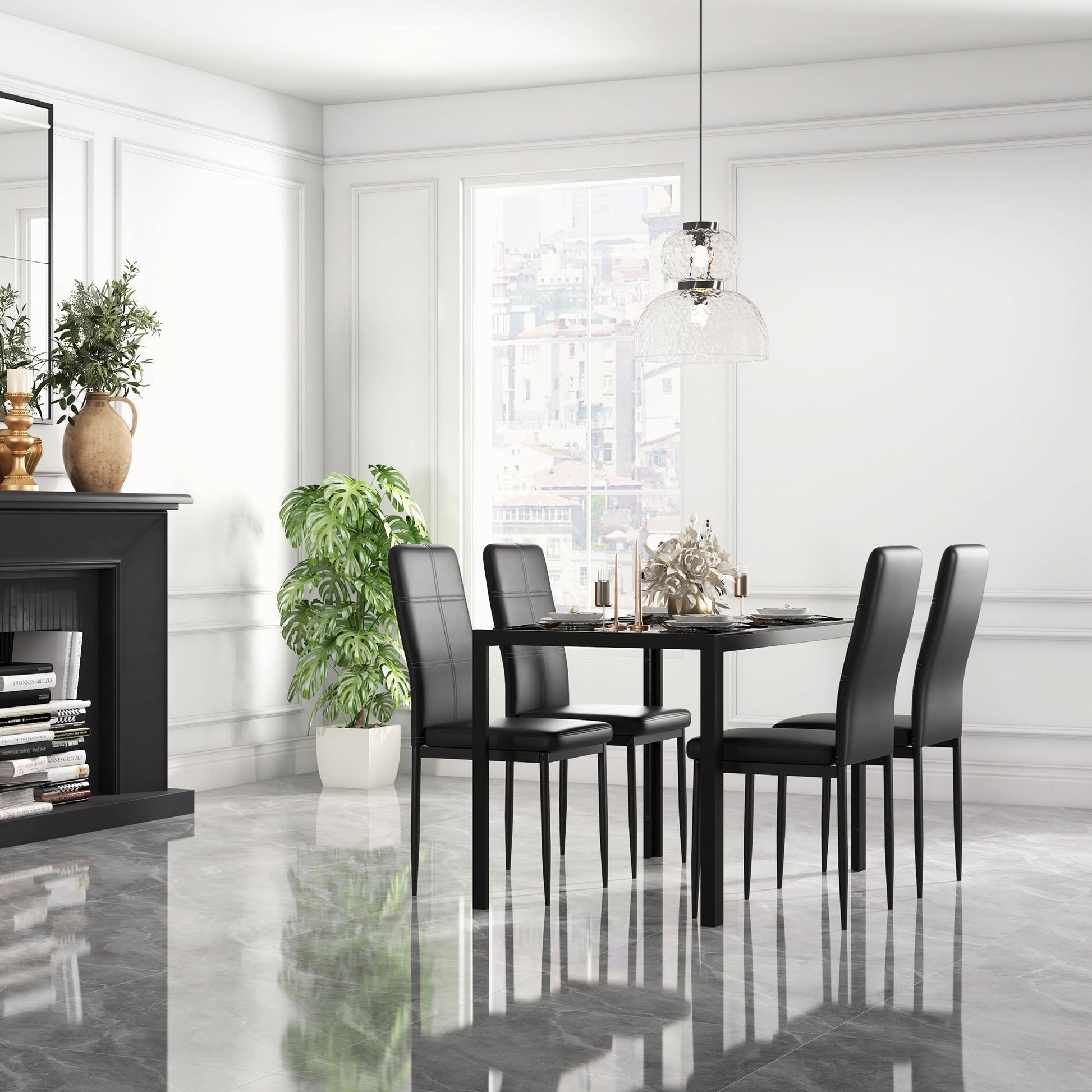 5-Piece Dining Set - Glass Table & Chairs Black-DECOROLALA