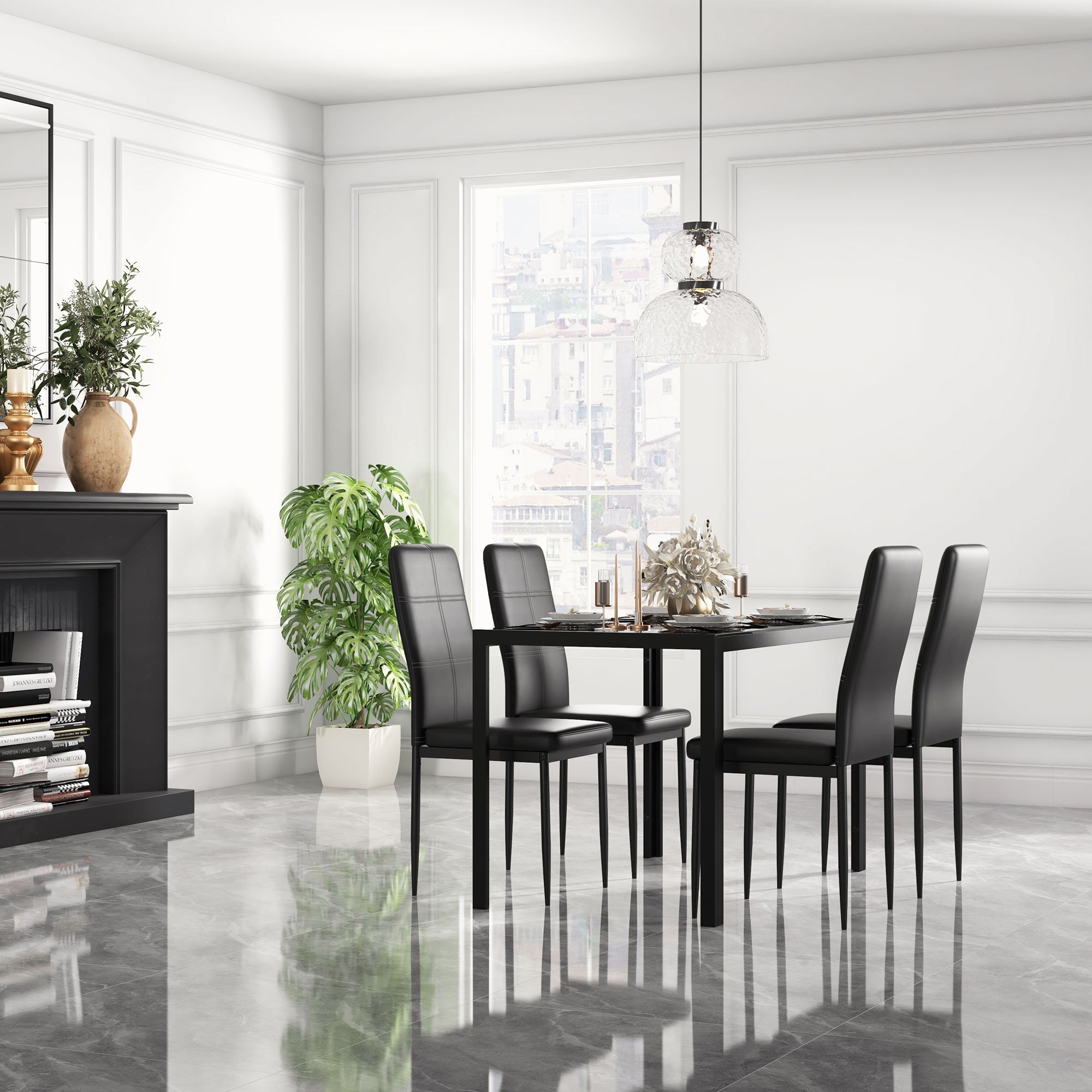 5-Piece Dining Set - Glass Table & Chairs Black-DECOROLALA