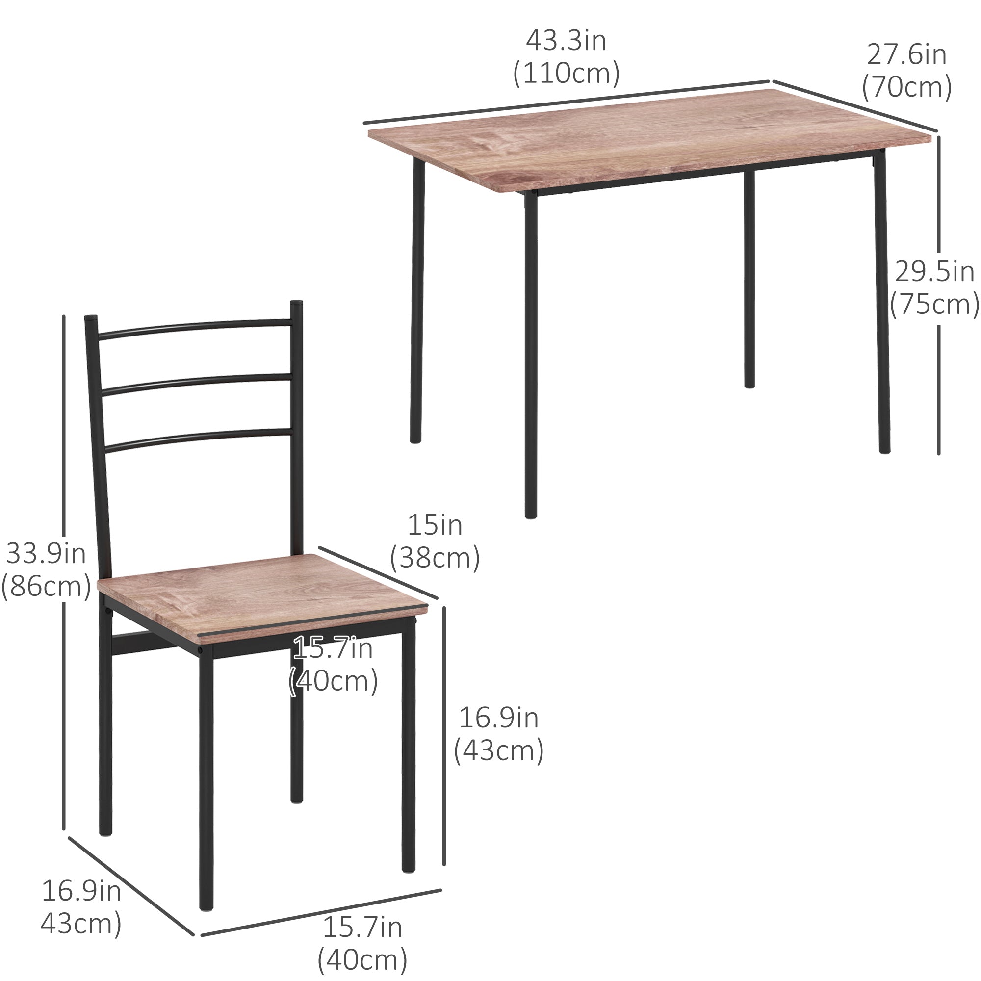 5-Piece Dining Set, Rectangle Oak Table & Chairs, Steel Frame, Space-Saving, 43"x28"-DECOROLALA
