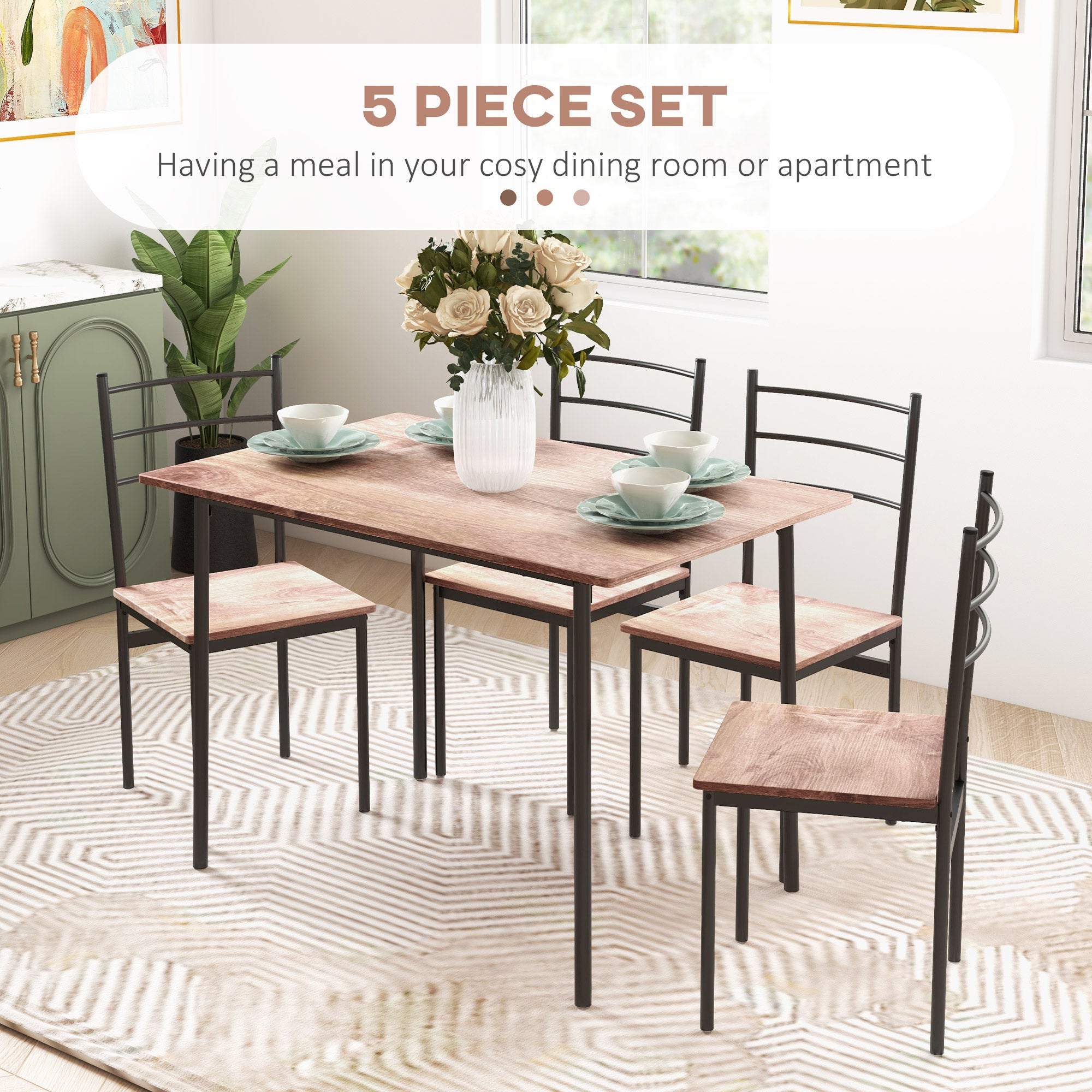 5-Piece Dining Set, Rectangle Oak Table & Chairs, Steel Frame, Space-Saving, 43"x28"-DECOROLALA