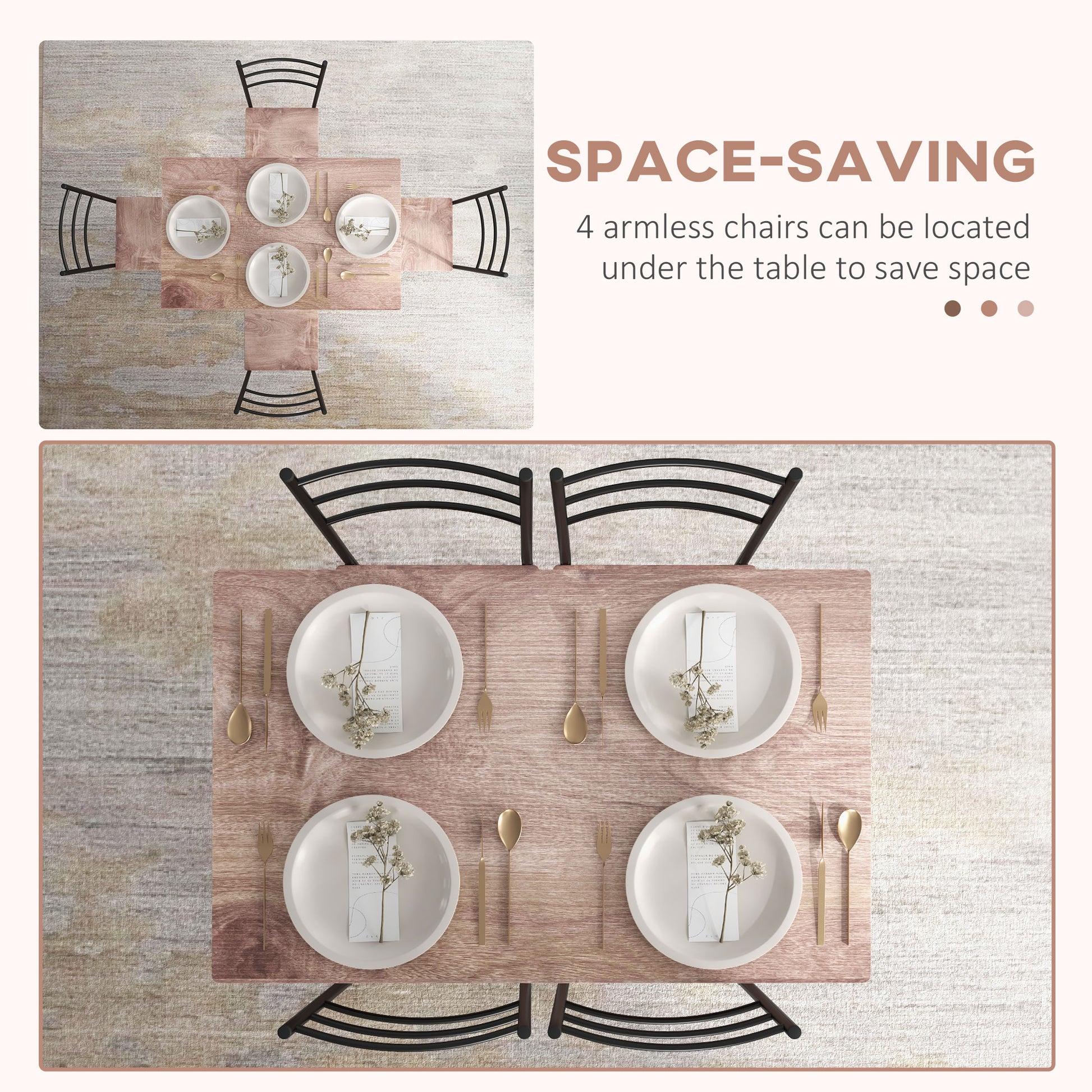 5-Piece Dining Set, Rectangle Oak Table & Chairs, Steel Frame, Space-Saving, 43"x28"-DECOROLALA