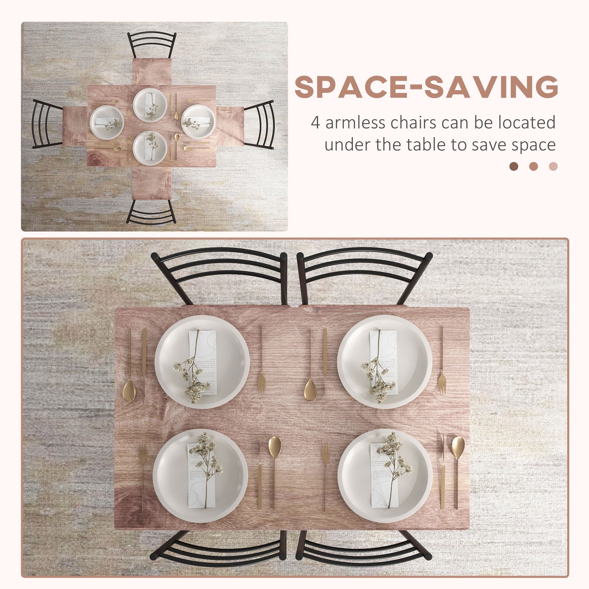 5-Piece Dining Set, Rectangle Oak Table & Chairs, Steel Frame, Space-Saving, 43"x28"-DECOROLALA