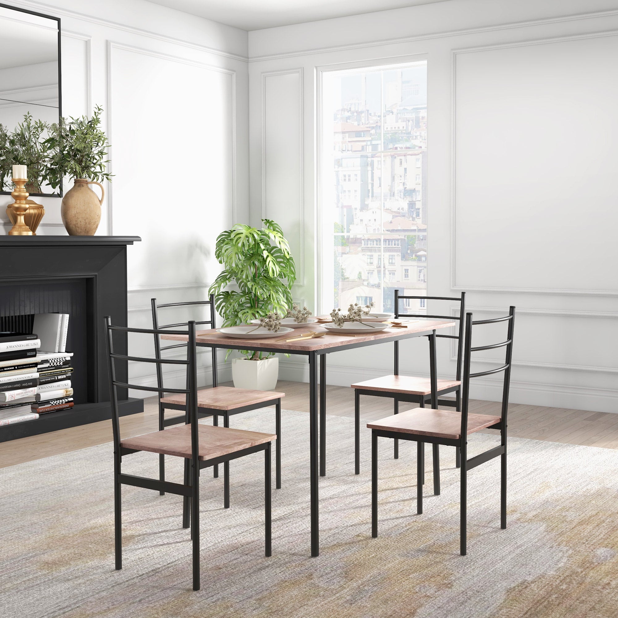 5-Piece Dining Set, Rectangle Oak Table & Chairs, Steel Frame, Space-Saving, 43"x28"-DECOROLALA