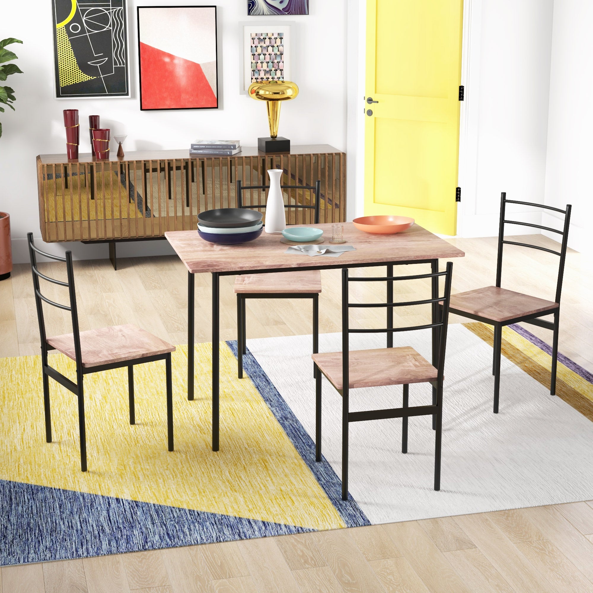 5-Piece Dining Set, Rectangle Oak Table & Chairs, Steel Frame, Space-Saving, 43"x28"-DECOROLALA