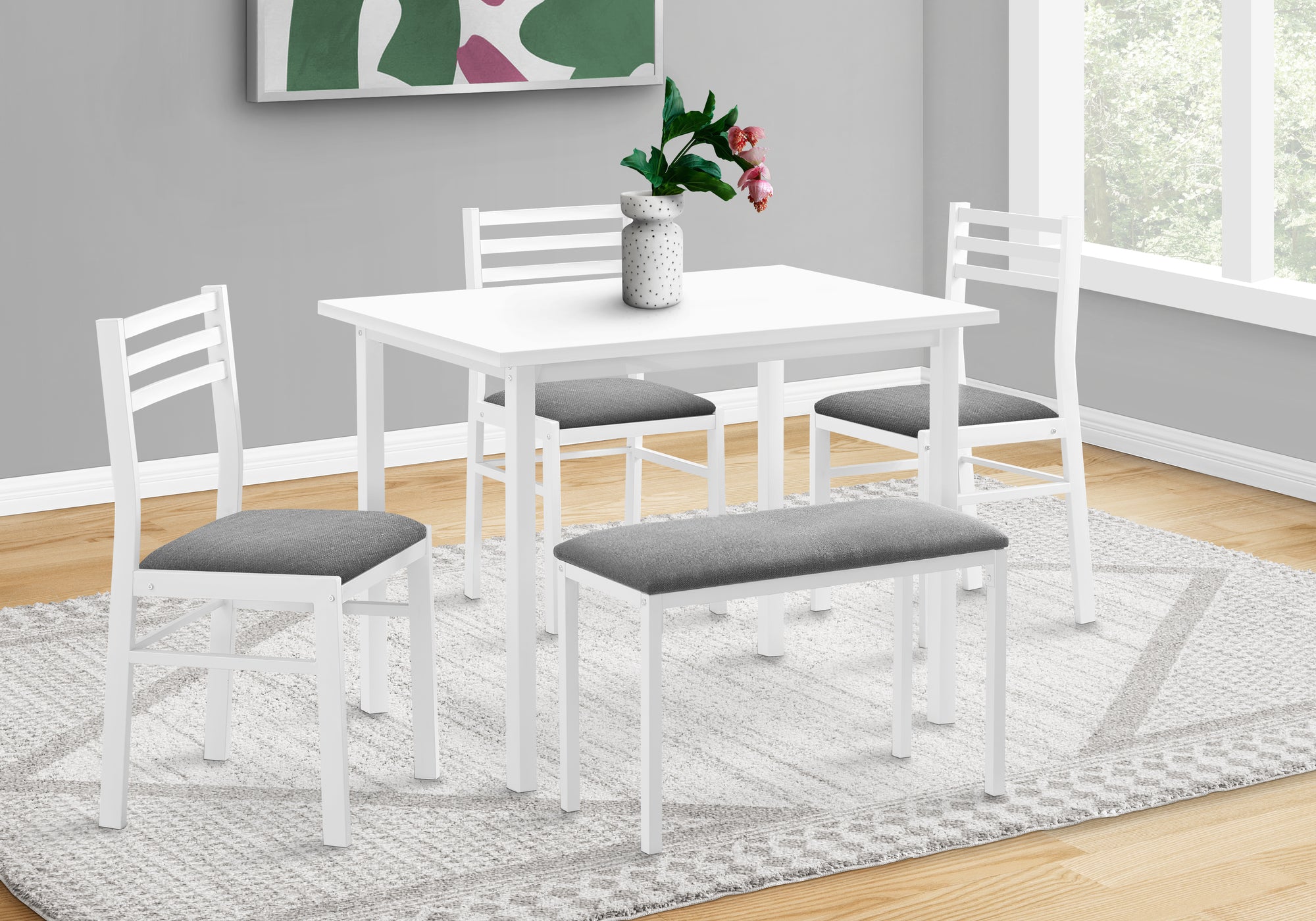 5-Piece Dining Set With Table, Chairs & Bench, White-Dining Chair-DECOROLALA