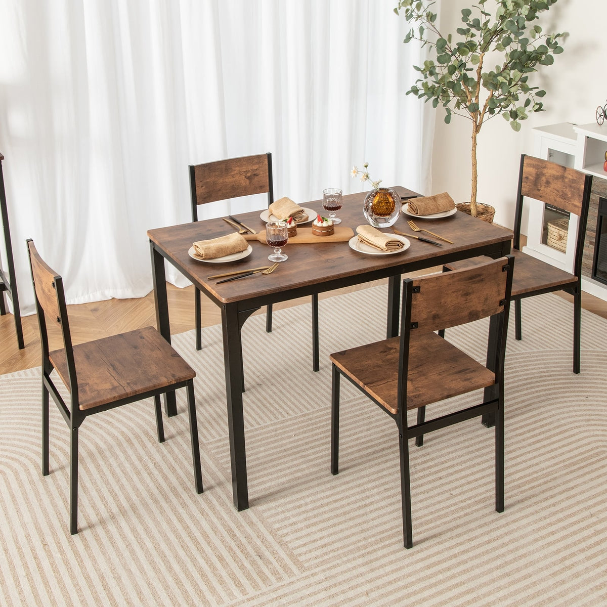 5 Piece Dining Table Set Industrial Style Kitchen Table and Chairs for 4-Rustic Brown-Dining Room Sets-DECOROLALA