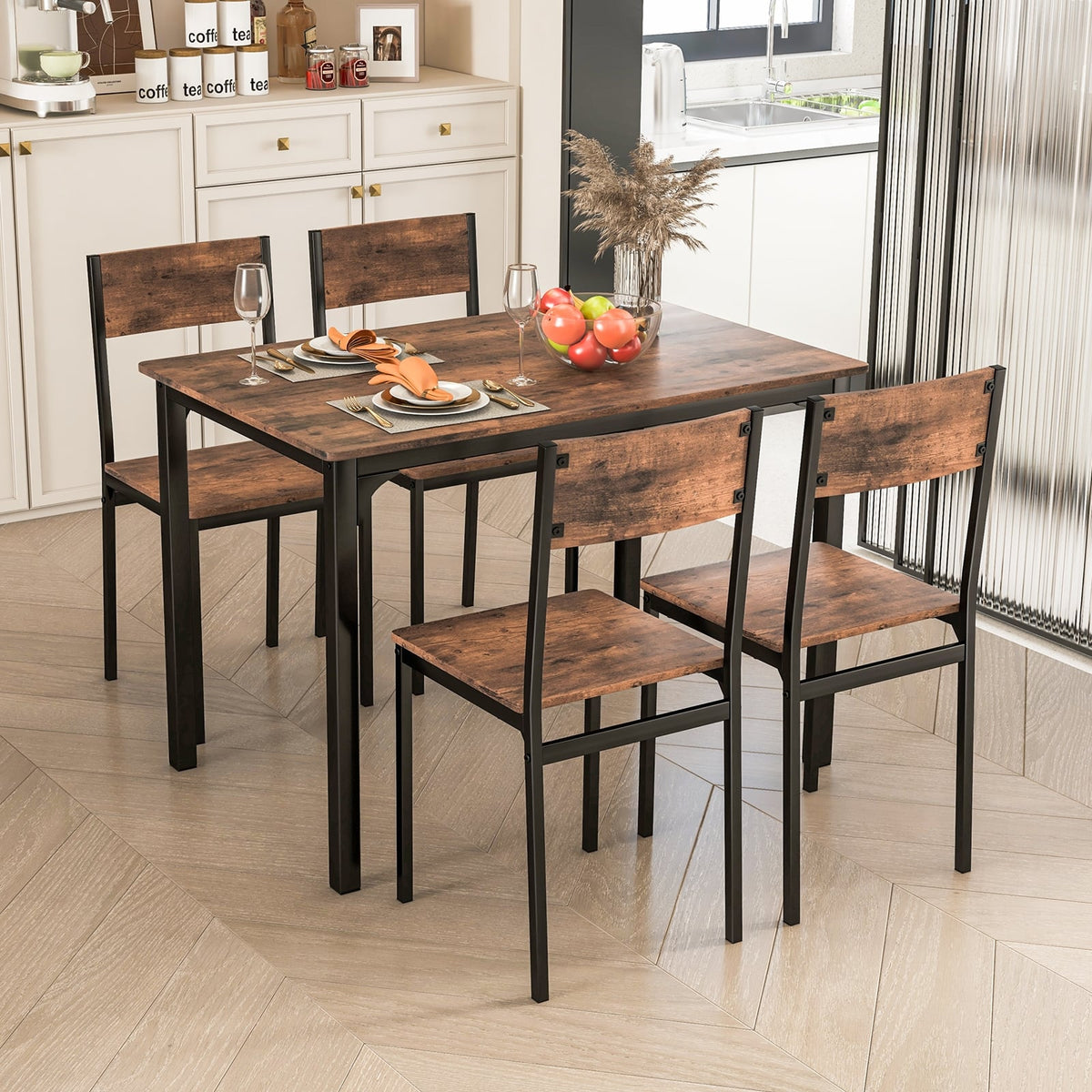 5 Piece Dining Table Set Industrial Style Kitchen Table and Chairs for 4-Rustic Brown-Dining Room Sets-DECOROLALA