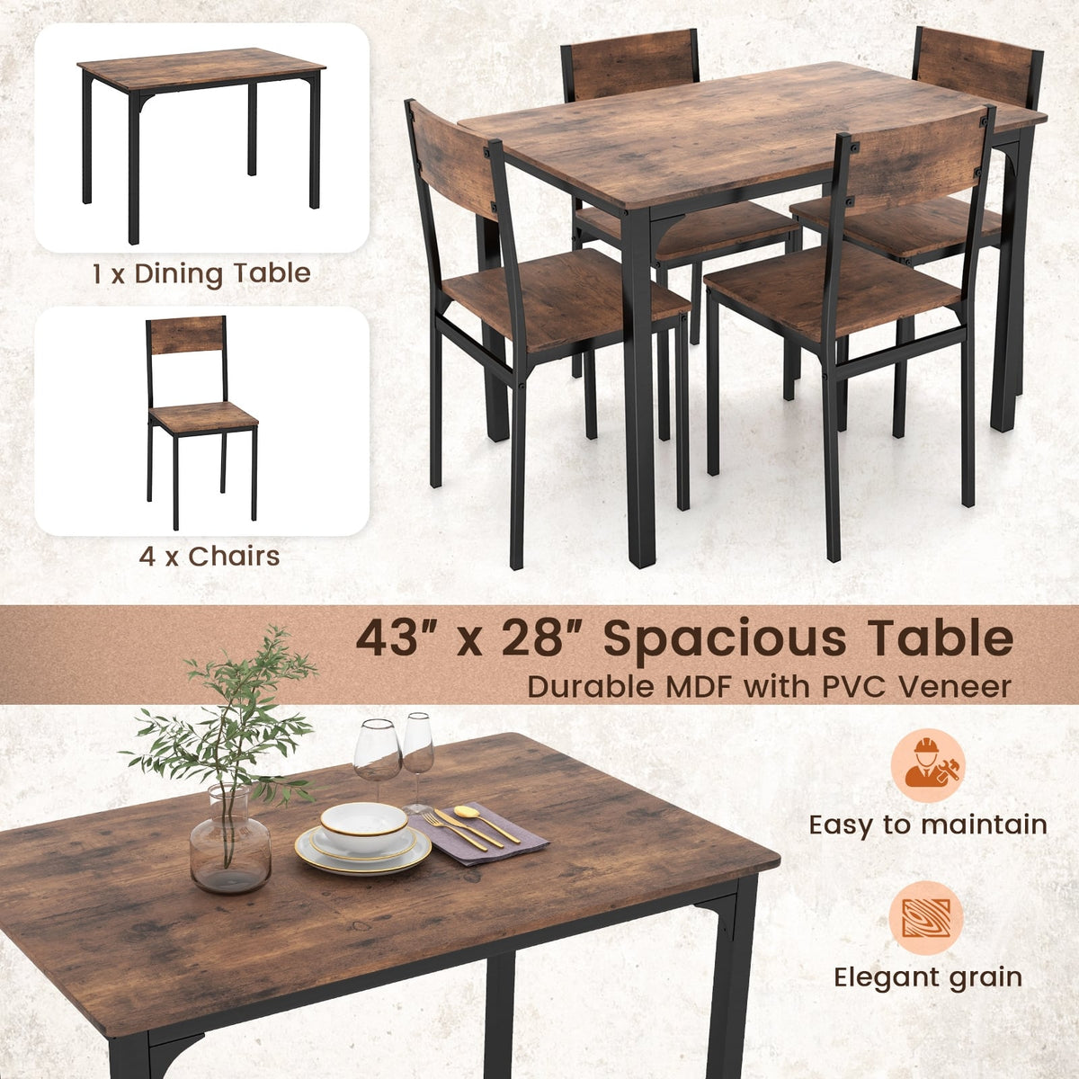 5 Piece Dining Table Set Industrial Style Kitchen Table and Chairs for 4-Rustic Brown-Dining Room Sets-DECOROLALA