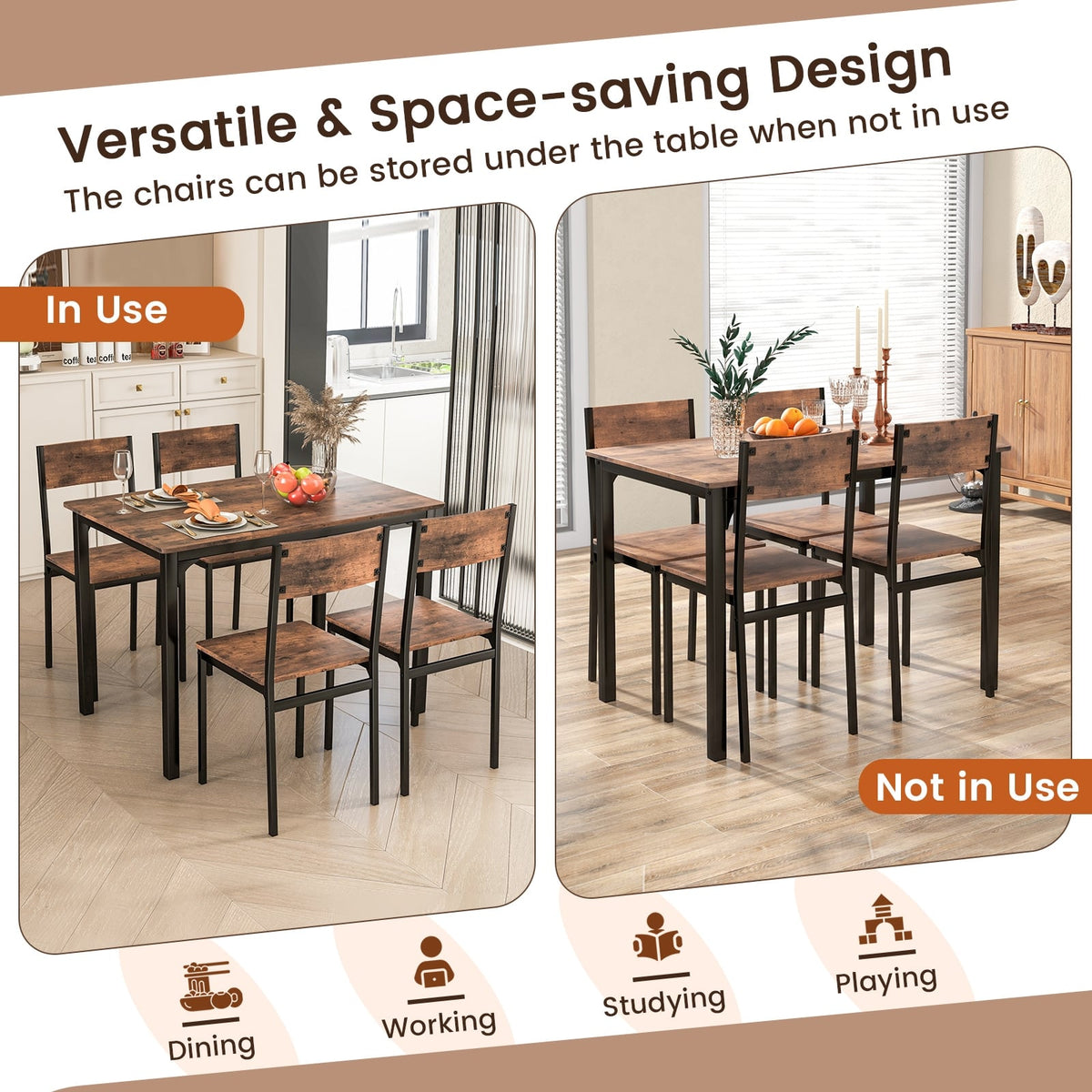 5 Piece Dining Table Set Industrial Style Kitchen Table and Chairs for 4-Rustic Brown-Dining Room Sets-DECOROLALA
