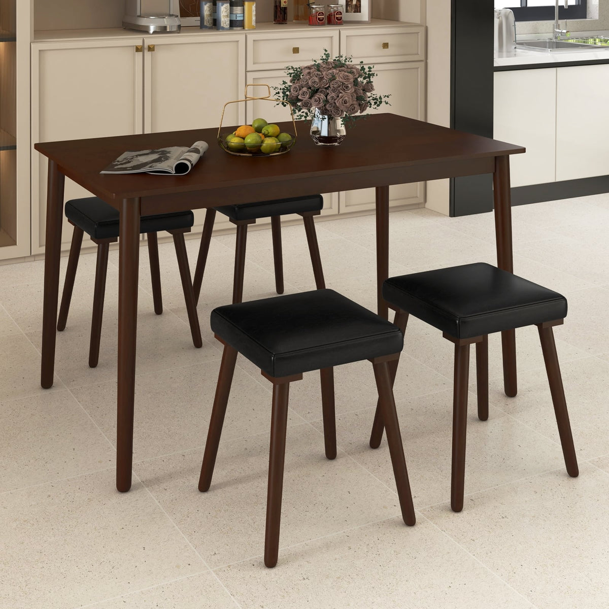 5 Piece Dining Table Set for 4 with 4 Upholstered Stools and Rubber Wood Legs-Brown-Dining Room Sets-DECOROLALA