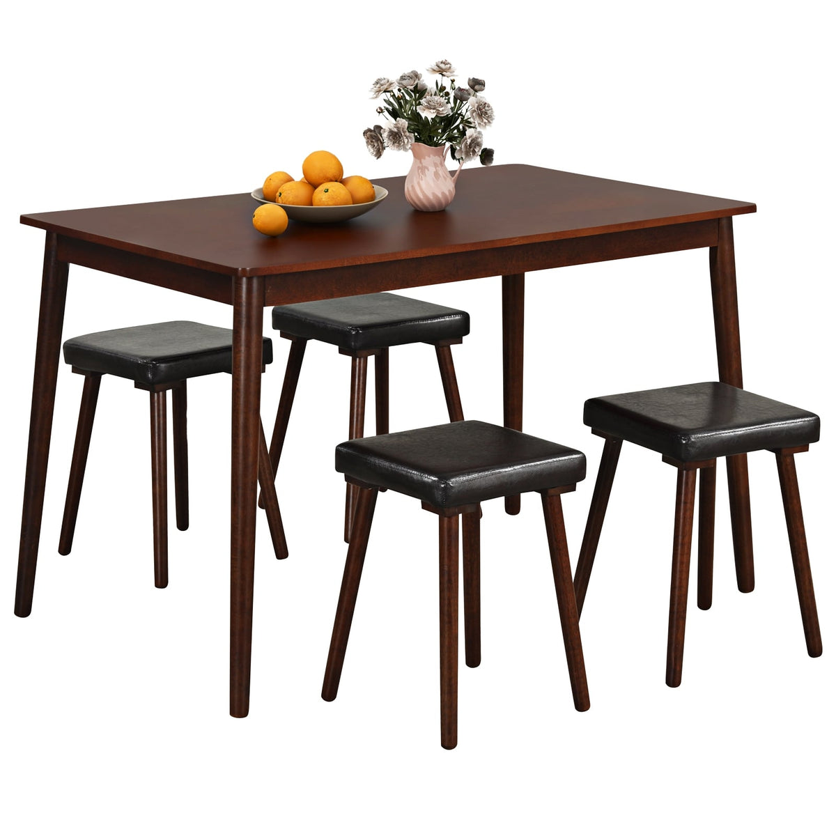 5 Piece Dining Table Set for 4 with 4 Upholstered Stools and Rubber Wood Legs-Brown-Dining Room Sets-DECOROLALA