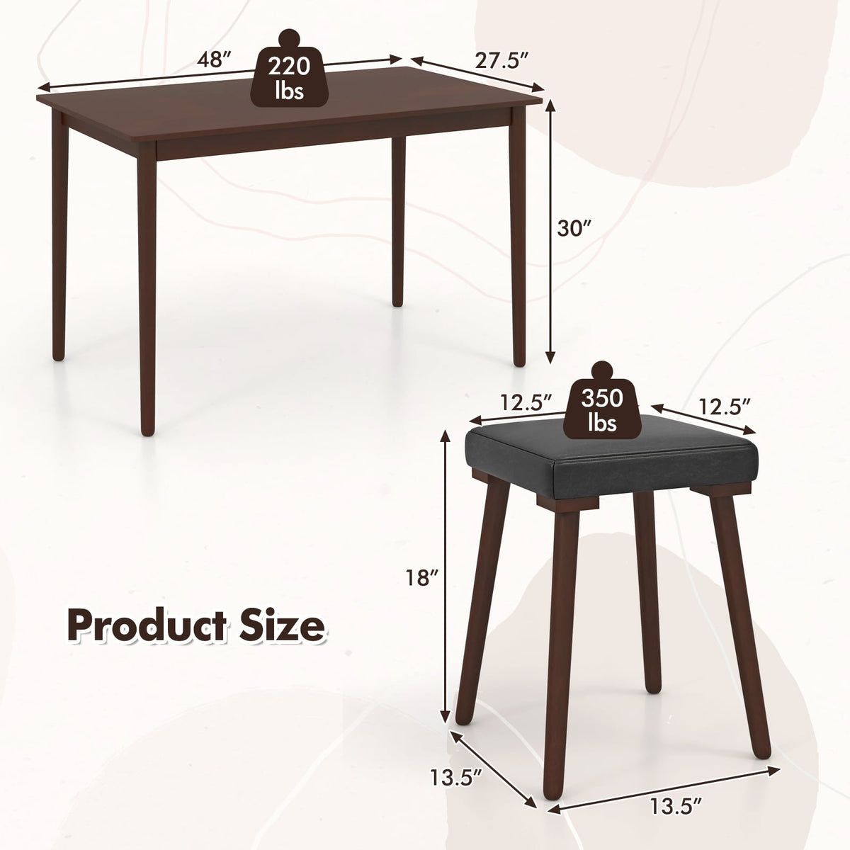 5 Piece Dining Table Set for 4 with 4 Upholstered Stools and Rubber Wood Legs-Brown-Dining Room Sets-DECOROLALA