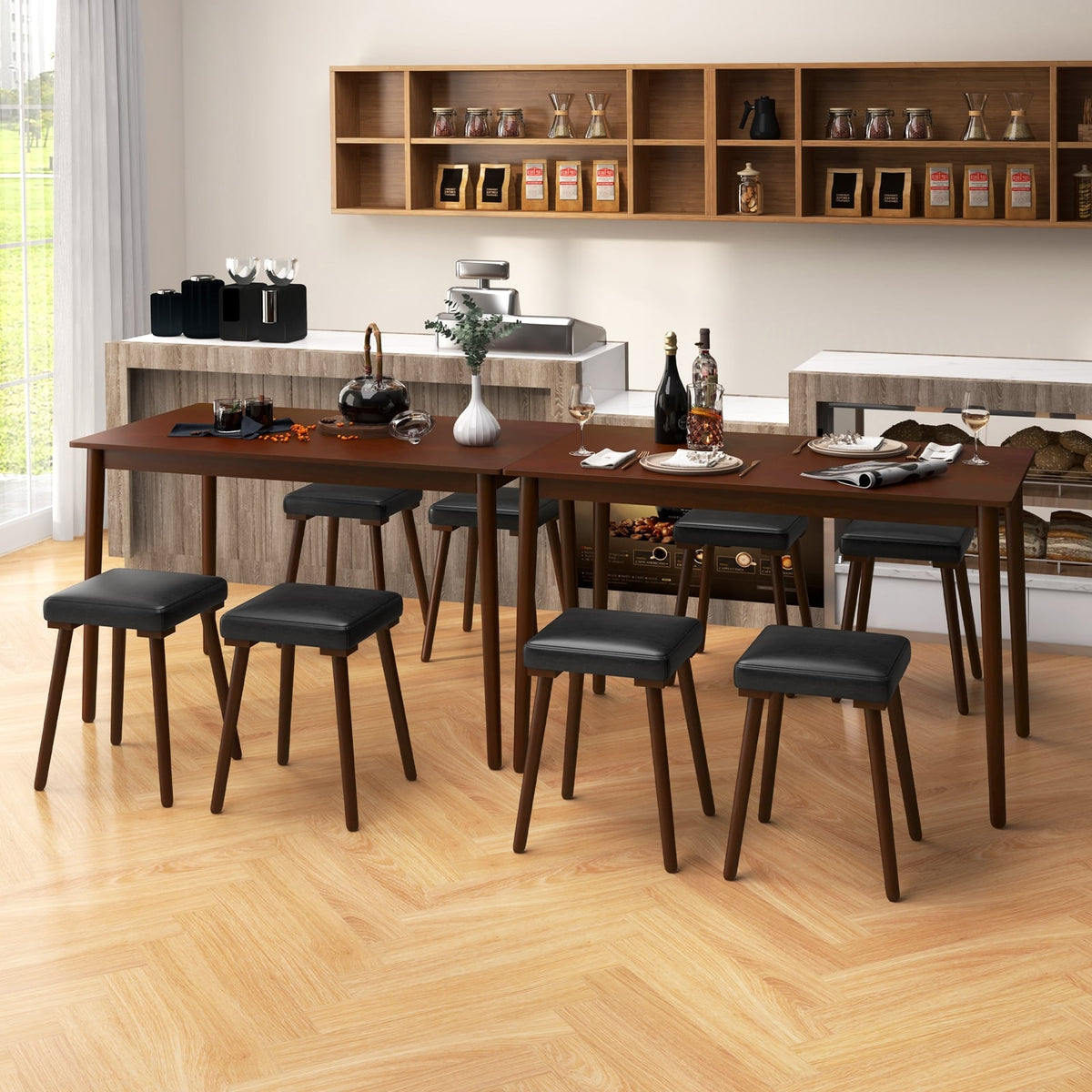 5 Piece Dining Table Set for 4 with 4 Upholstered Stools and Rubber Wood Legs-Brown-Dining Room Sets-DECOROLALA