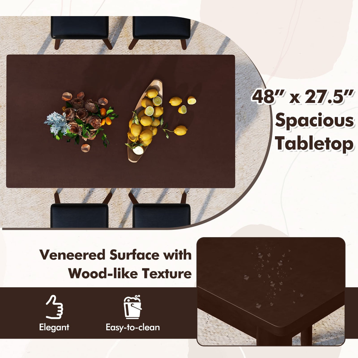 5 Piece Dining Table Set for 4 with 4 Upholstered Stools and Rubber Wood Legs-Brown-Dining Room Sets-DECOROLALA