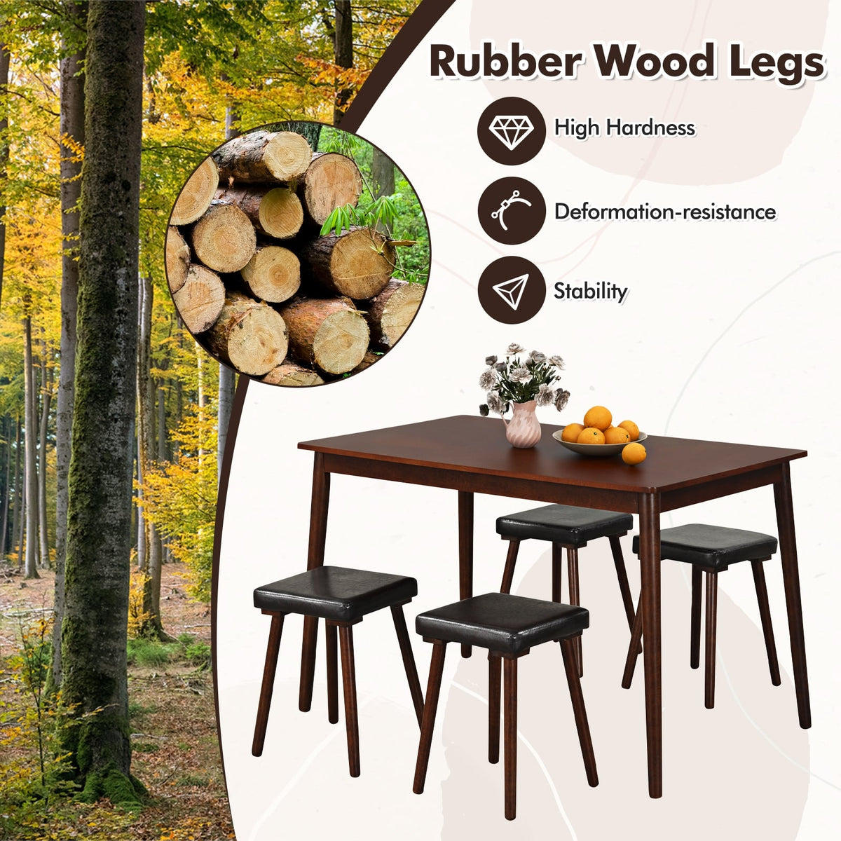 5 Piece Dining Table Set for 4 with 4 Upholstered Stools and Rubber Wood Legs-Brown-Dining Room Sets-DECOROLALA